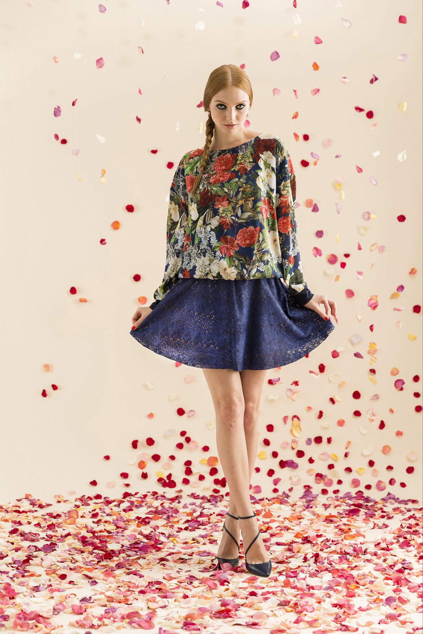 floral top with flared mini skirt