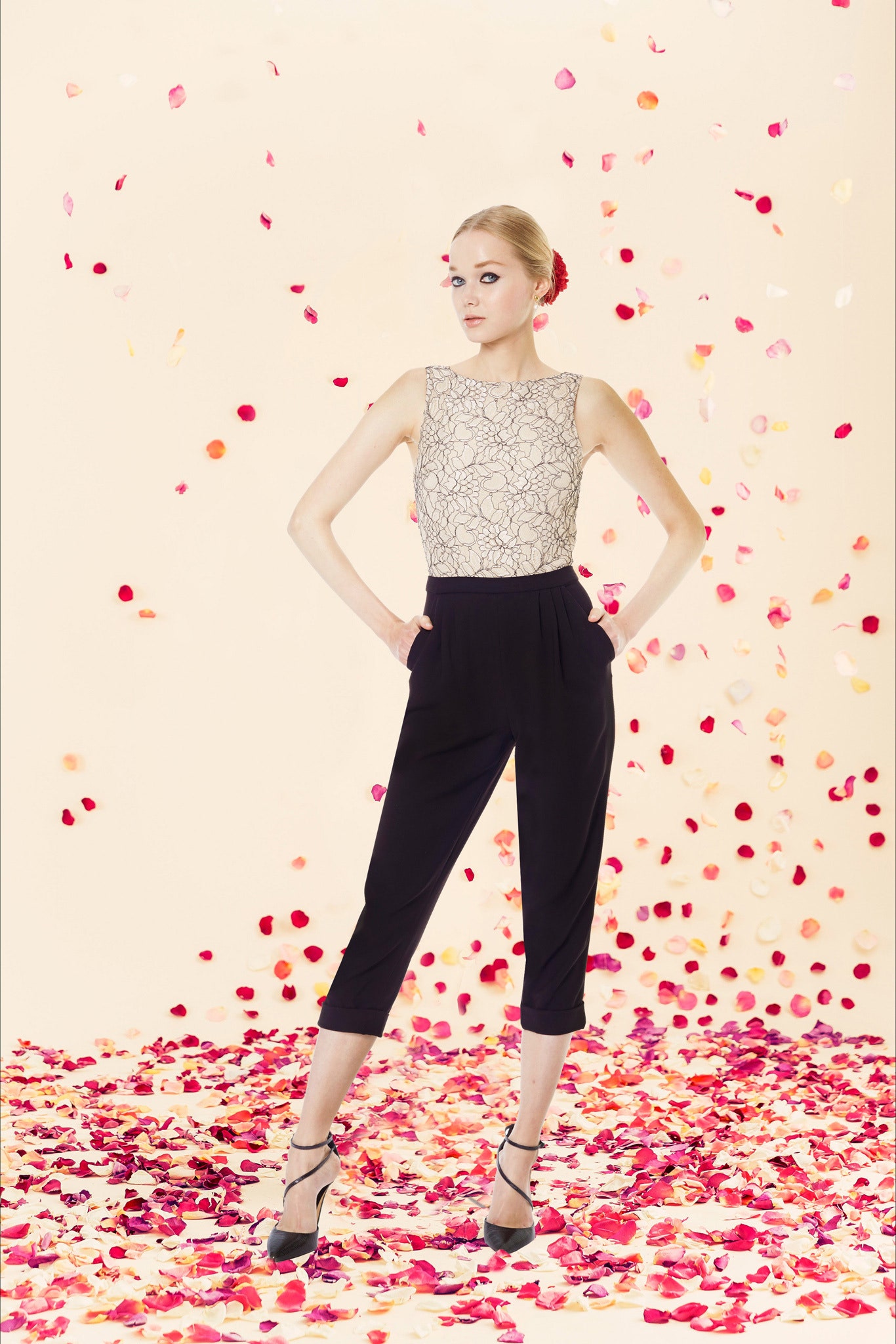 beige lace top black tailored pants