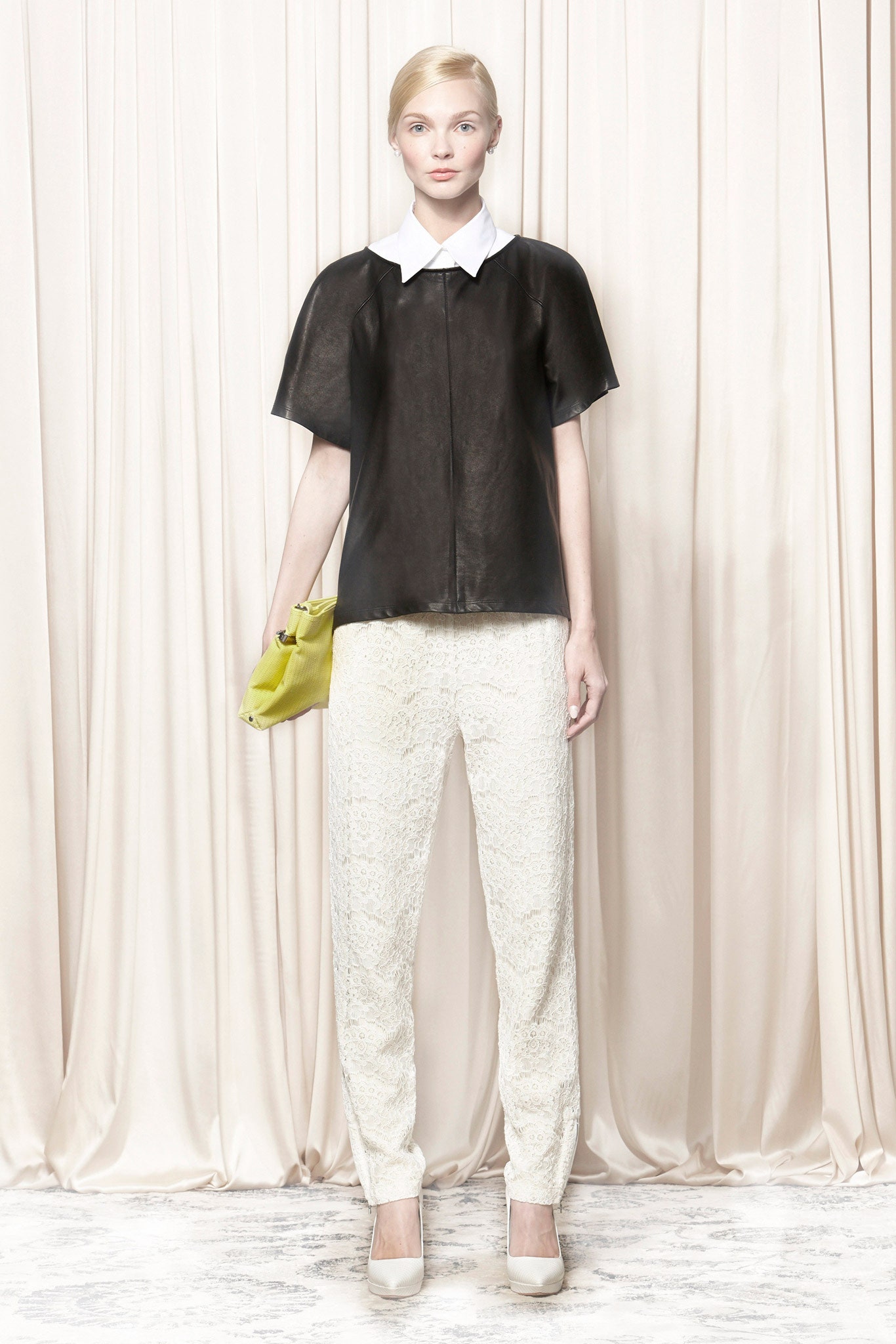 black leather top with white pants