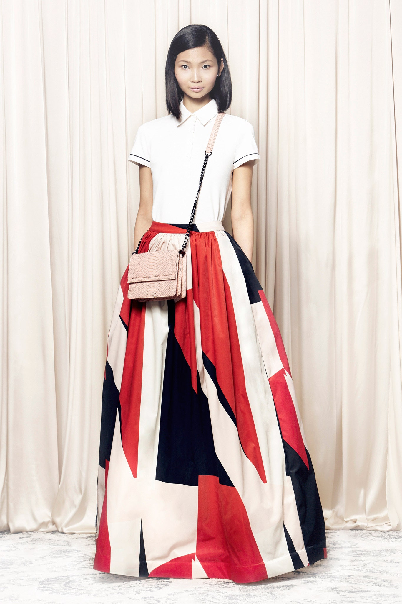 white collared top and pleated maxi skirt
