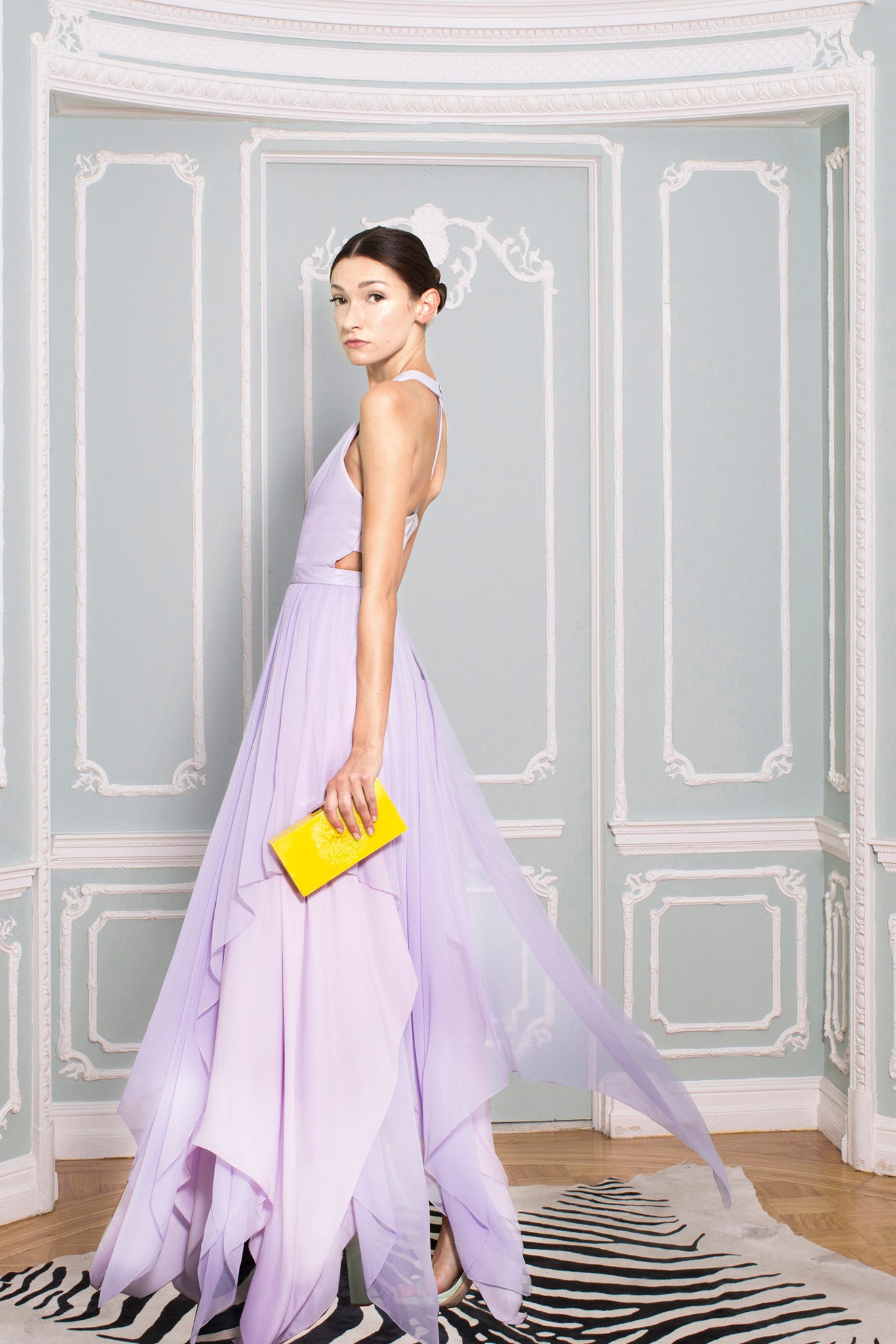 lavender chiffon gown with clutch