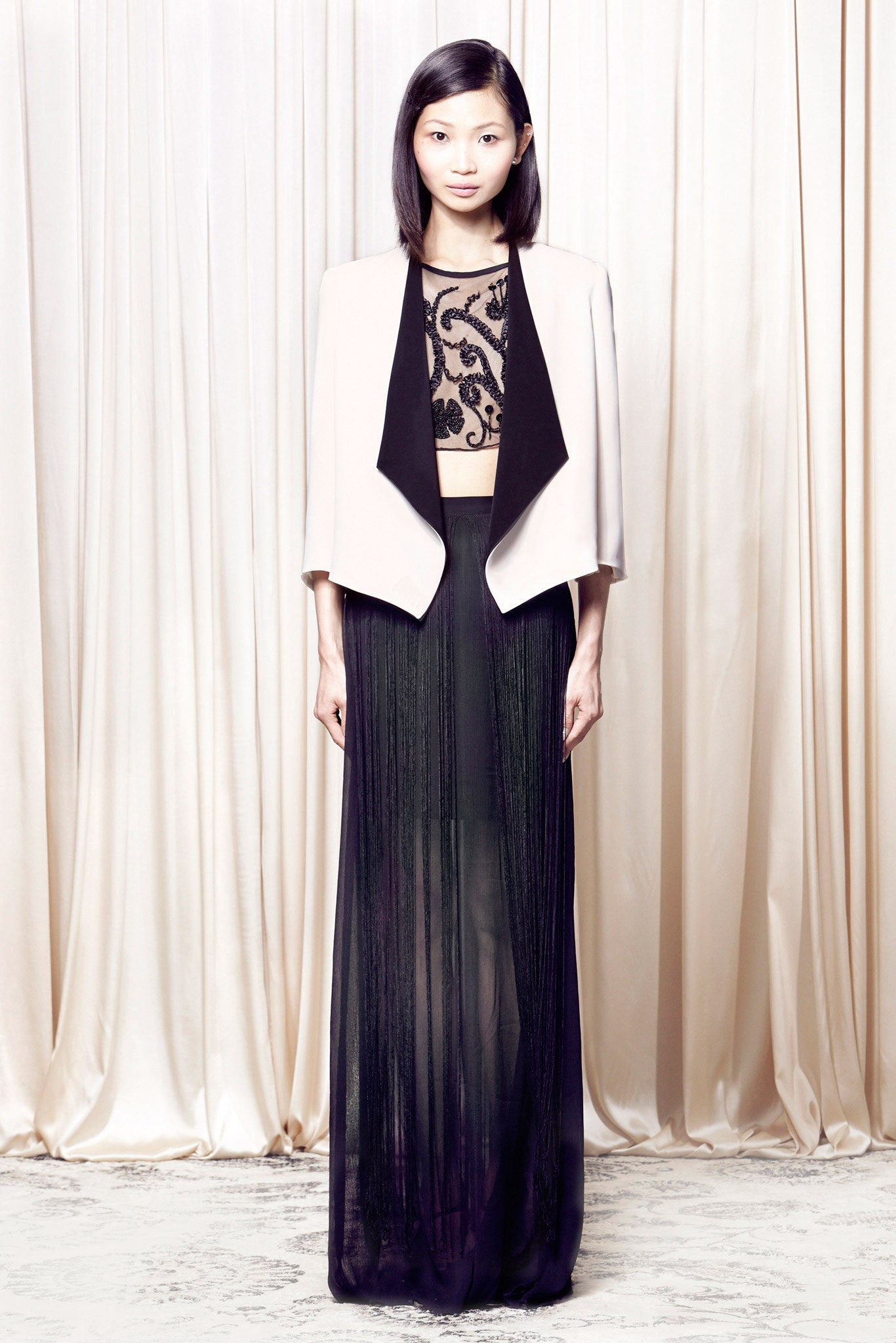 beige silk long-sleeve collared structured layered jacket