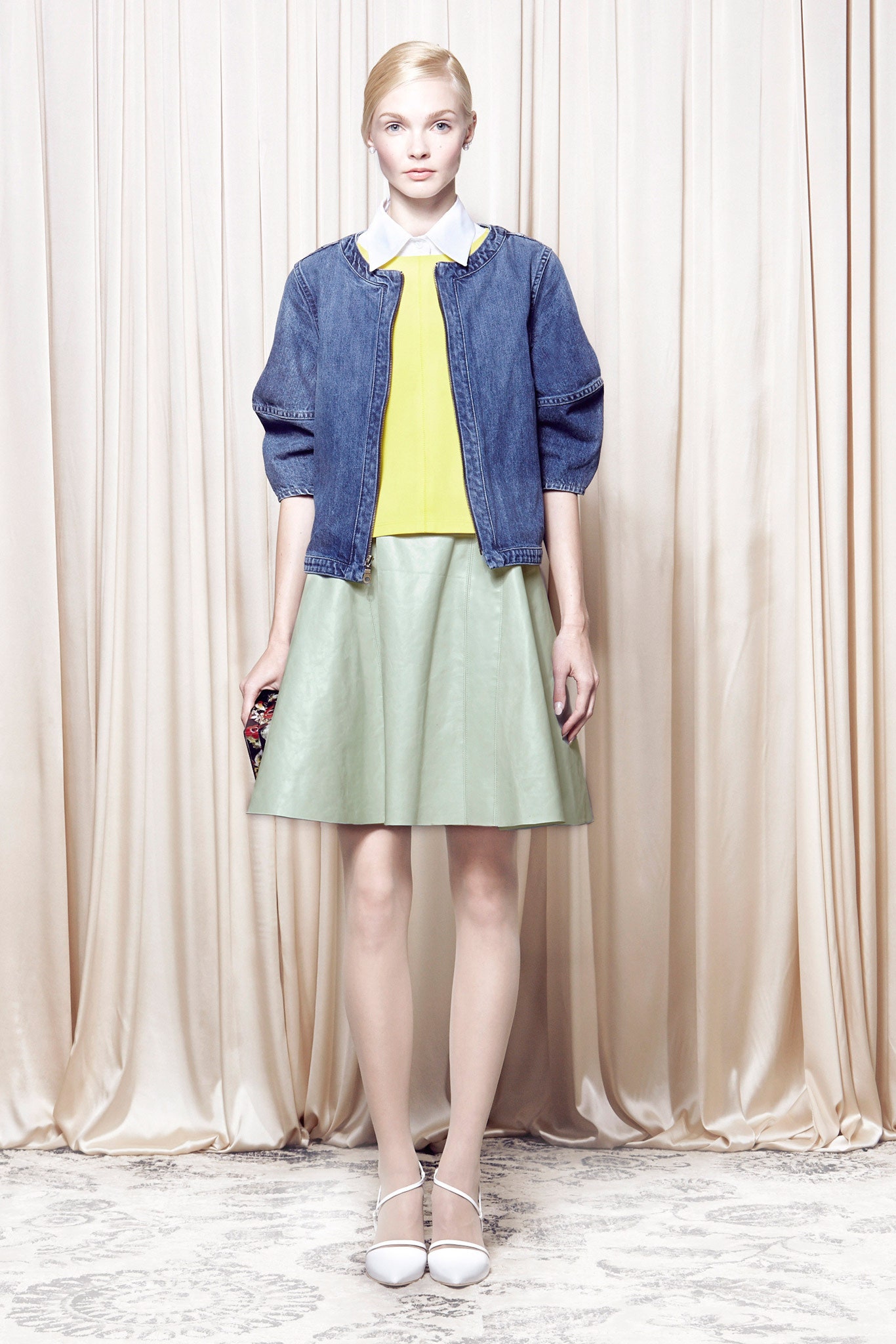 denim jacket yellow top green skirt