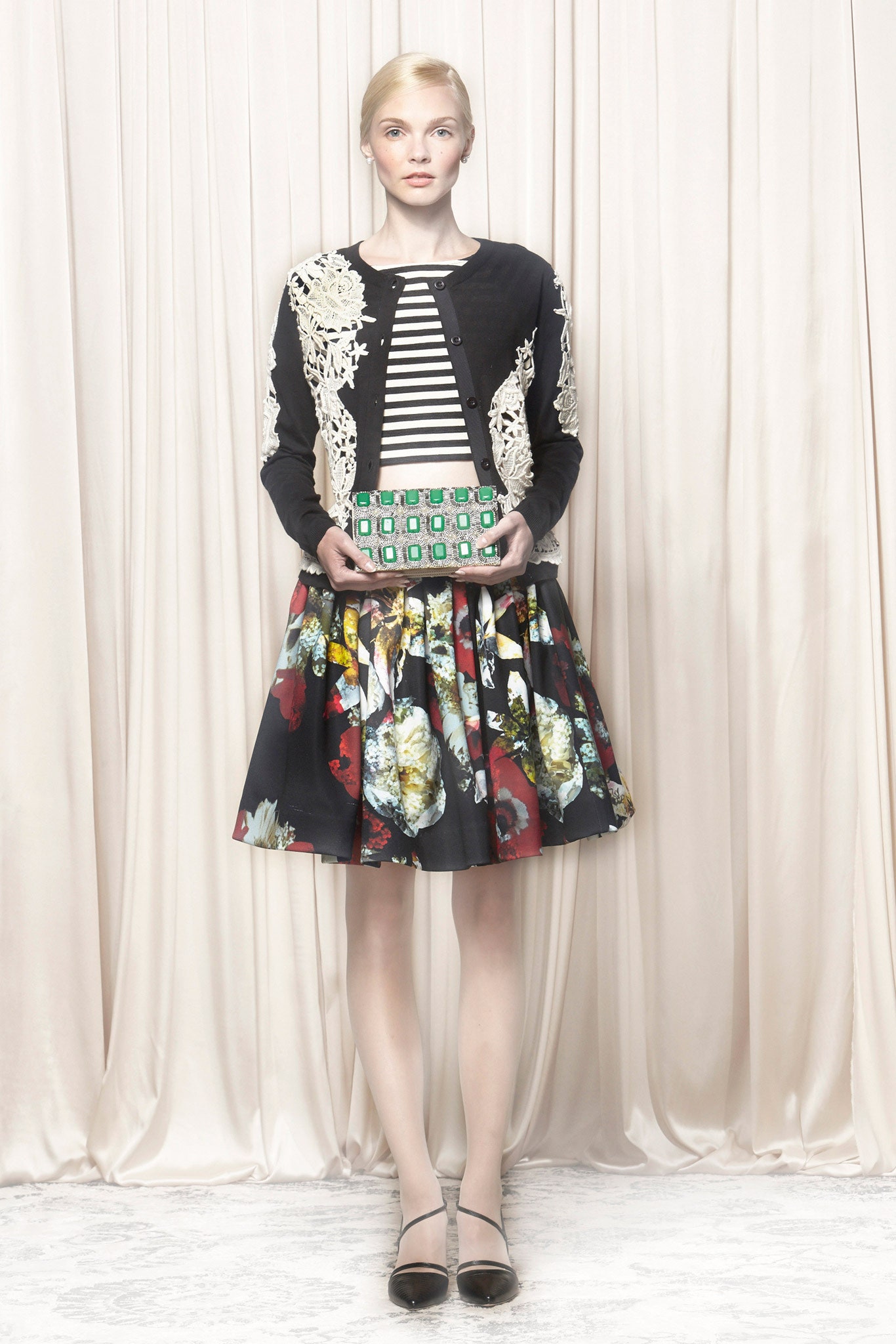 black floral flared skirt and blouse