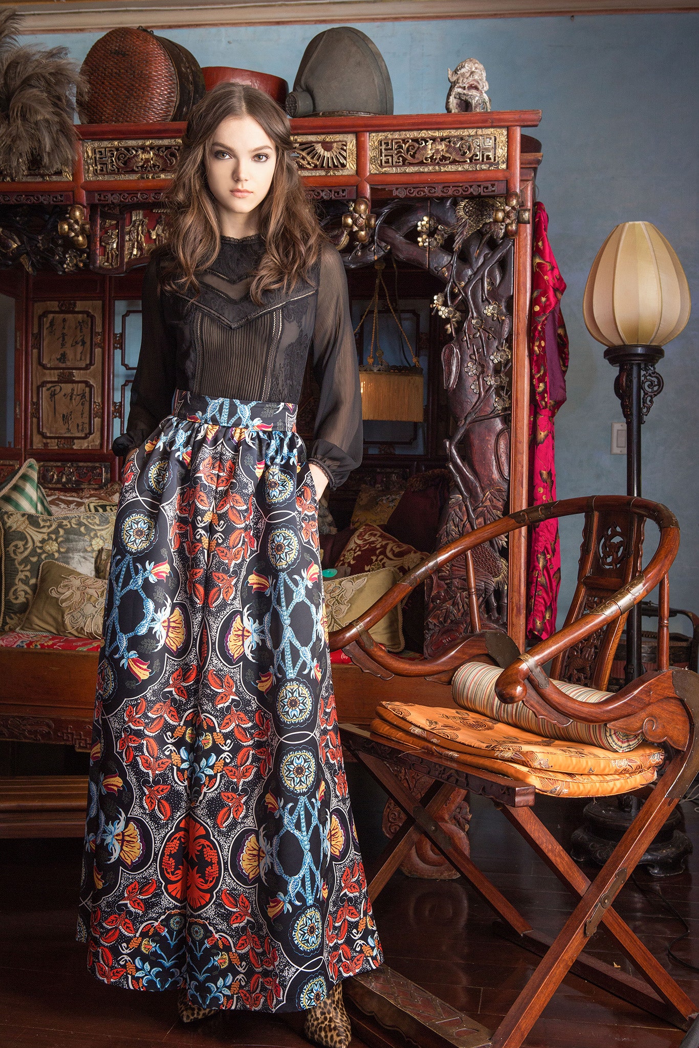 black silk blouse with multi-tiered skirt