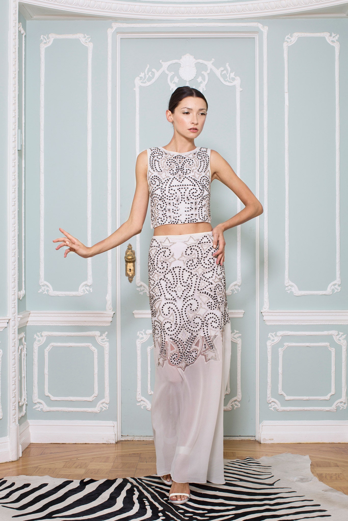 white embroidered crop-top and beige maxi-dress