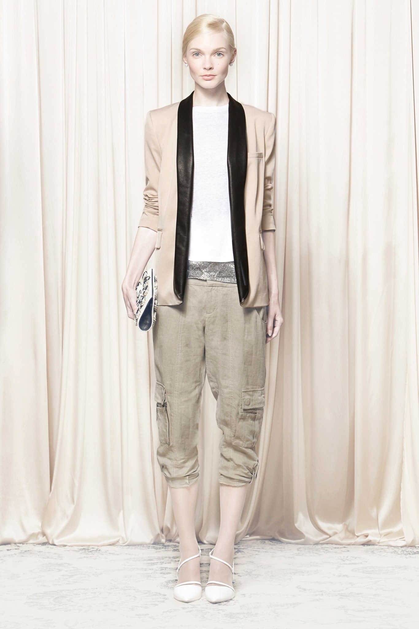 beige silk long-sleeve collared tailored buttoned blazer