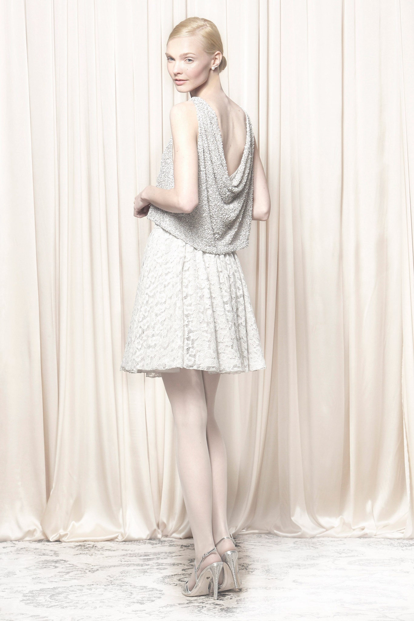 silver silk sleeveless mini dress