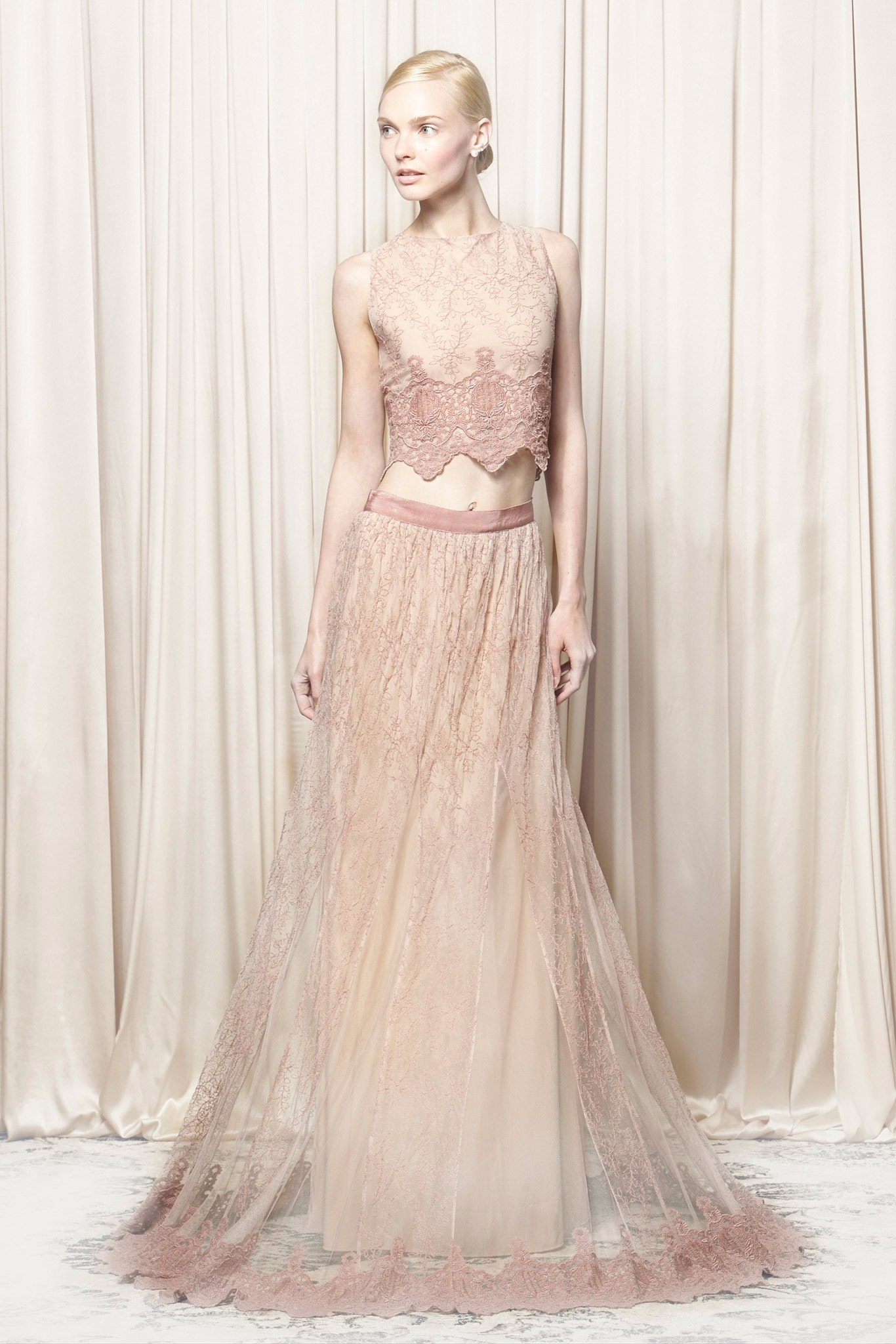 pink lace sleeveless high-neck fitted embroidered cropped crop-top