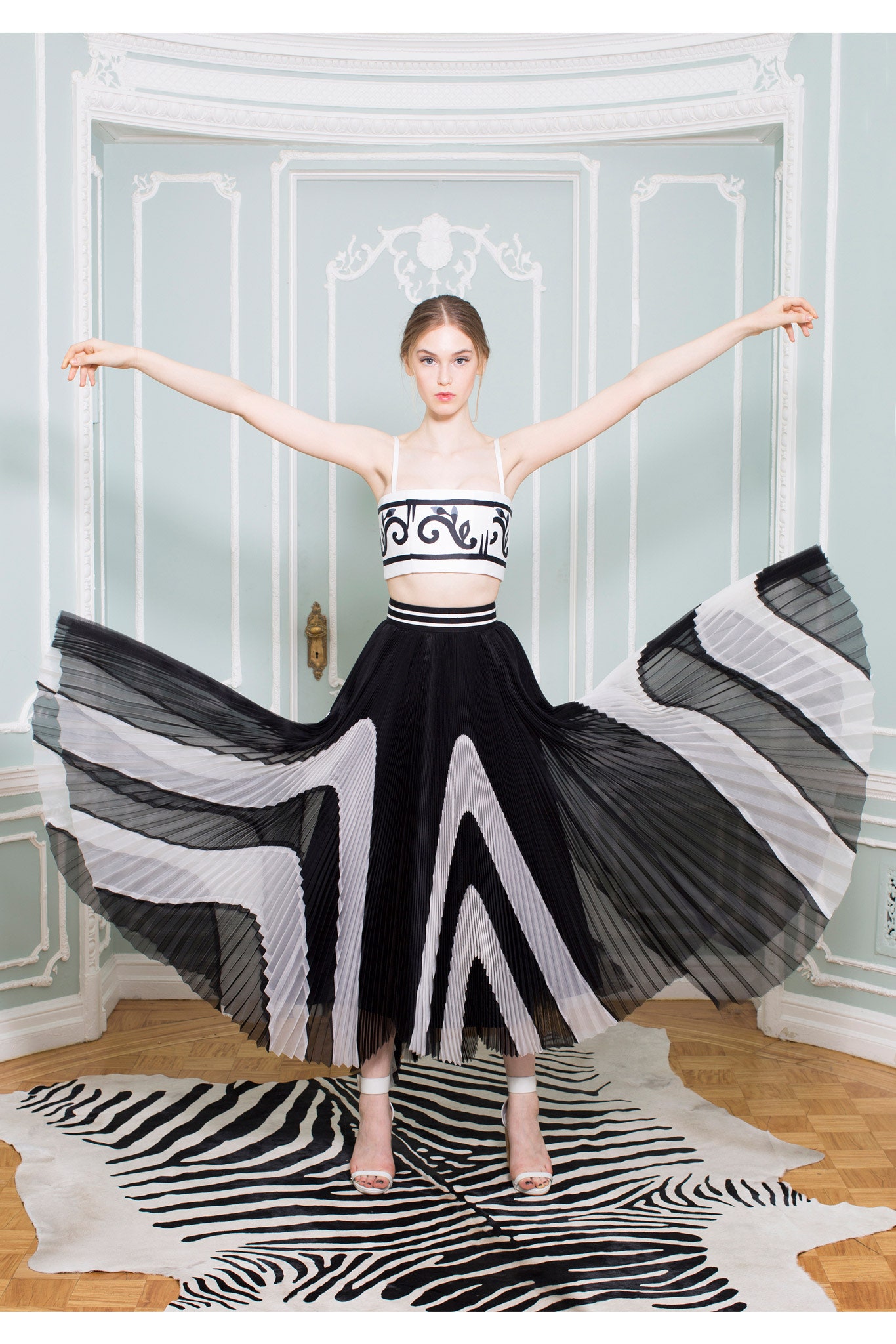 black and white pleated top and skirt