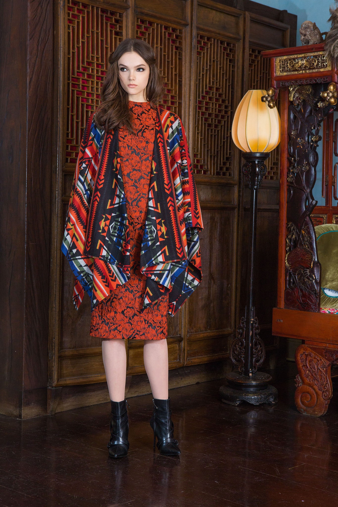 red printed midi dress with cape
