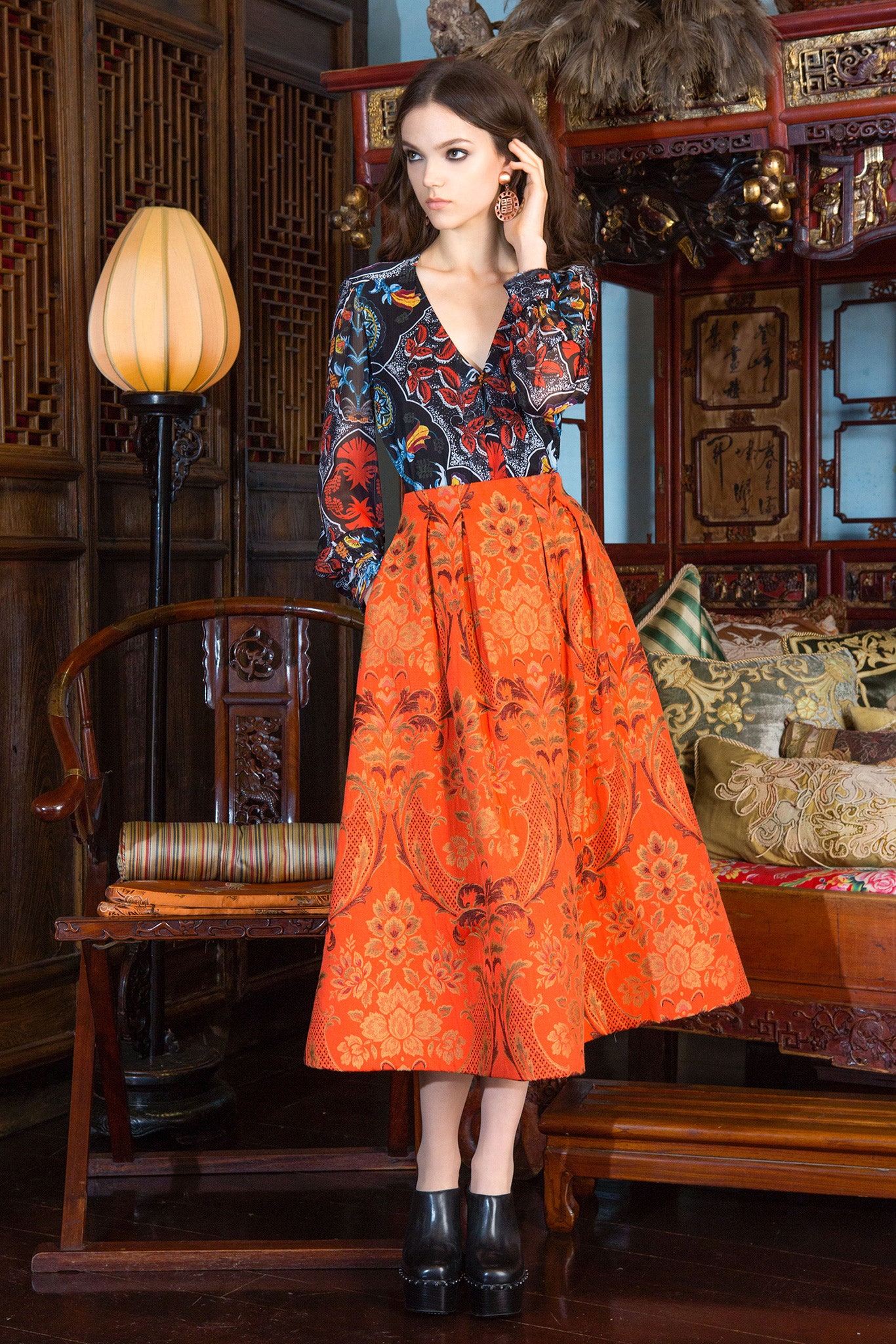floral blouse and orange midi skirt
