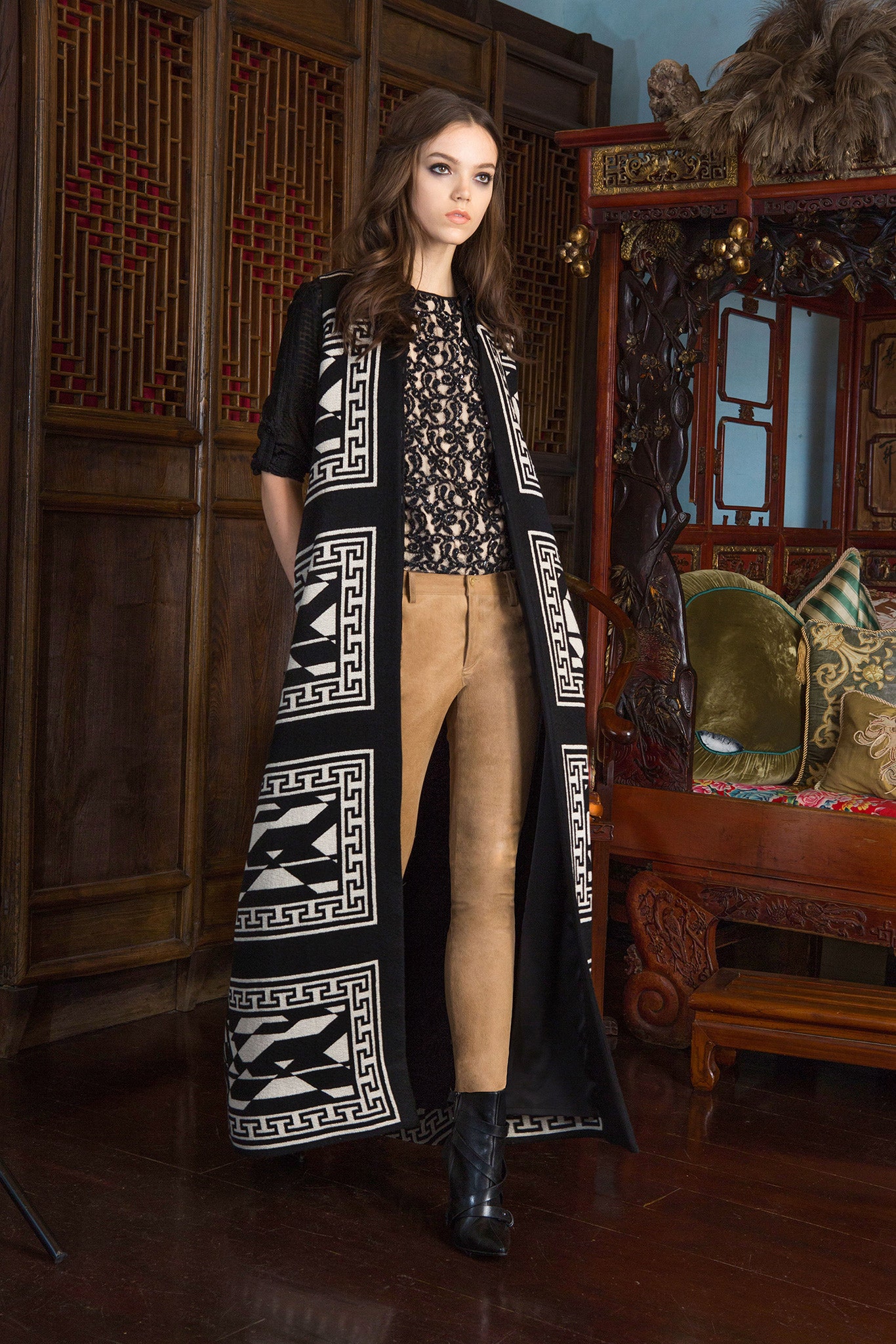 black and white printed coat with lace top