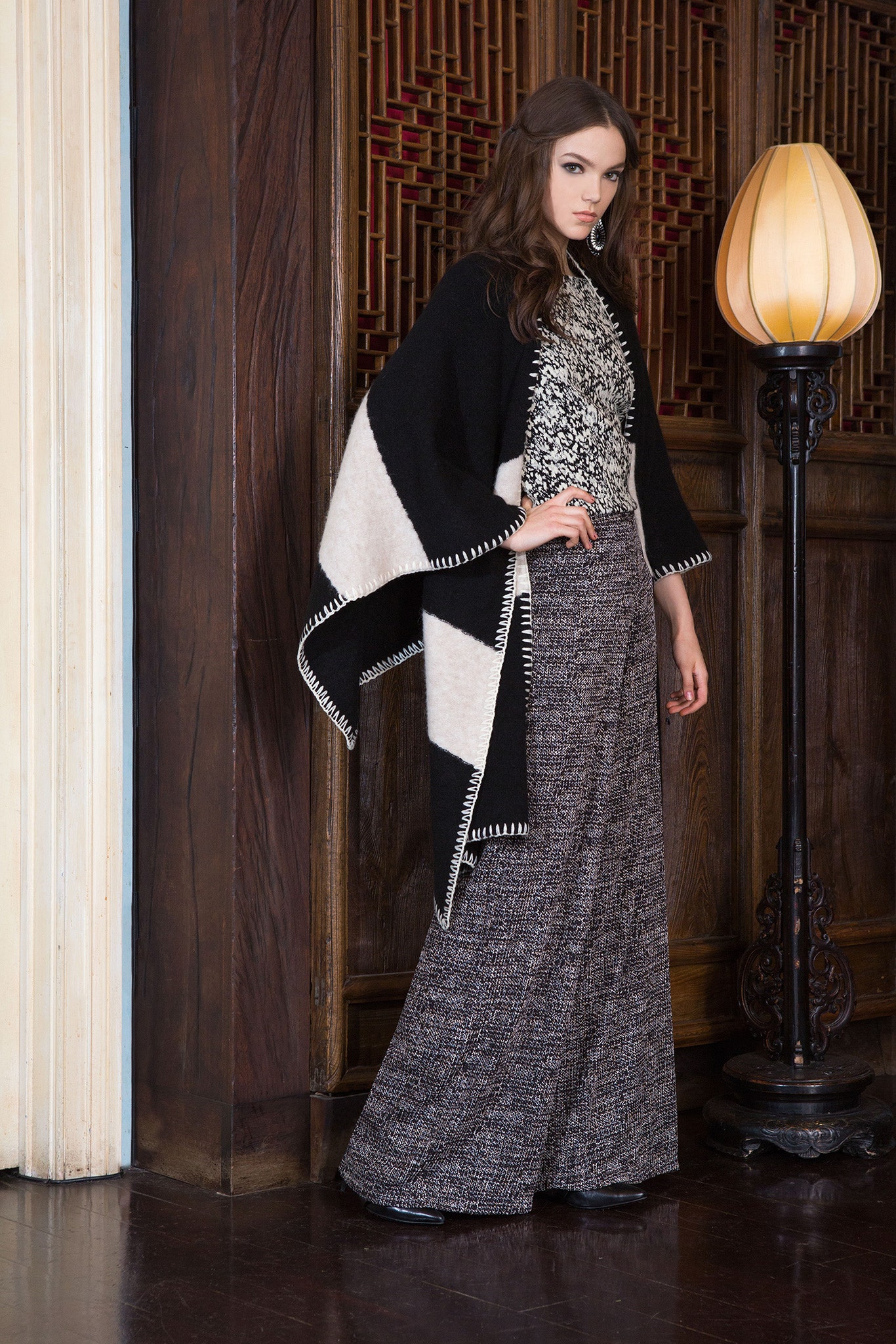 black wool relaxed layered poncho
