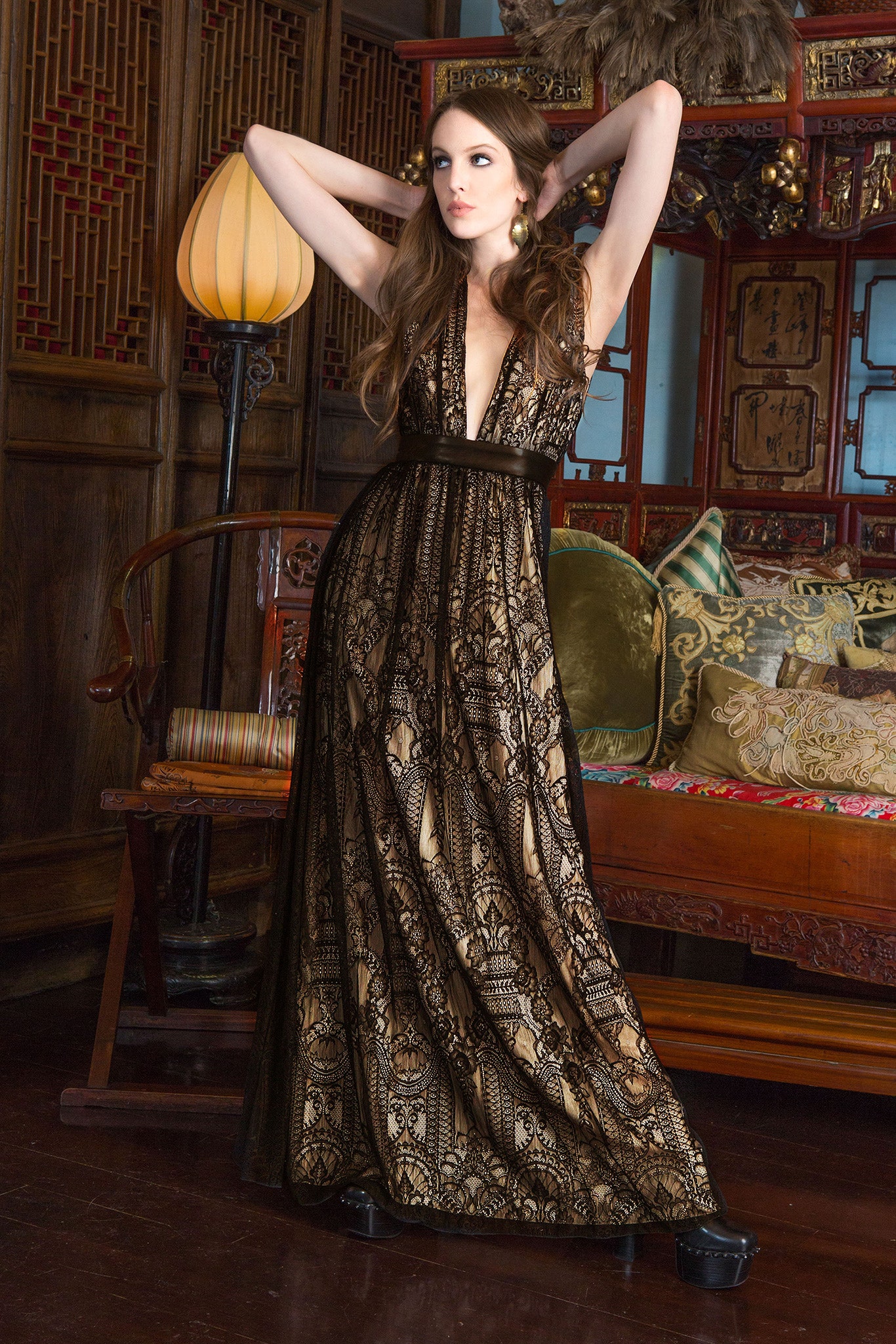 black and gold lace gown
