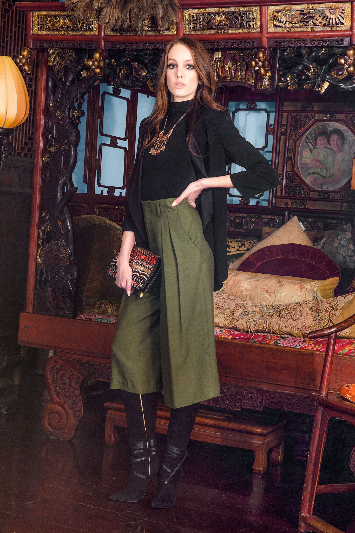 black blazer and green culottes