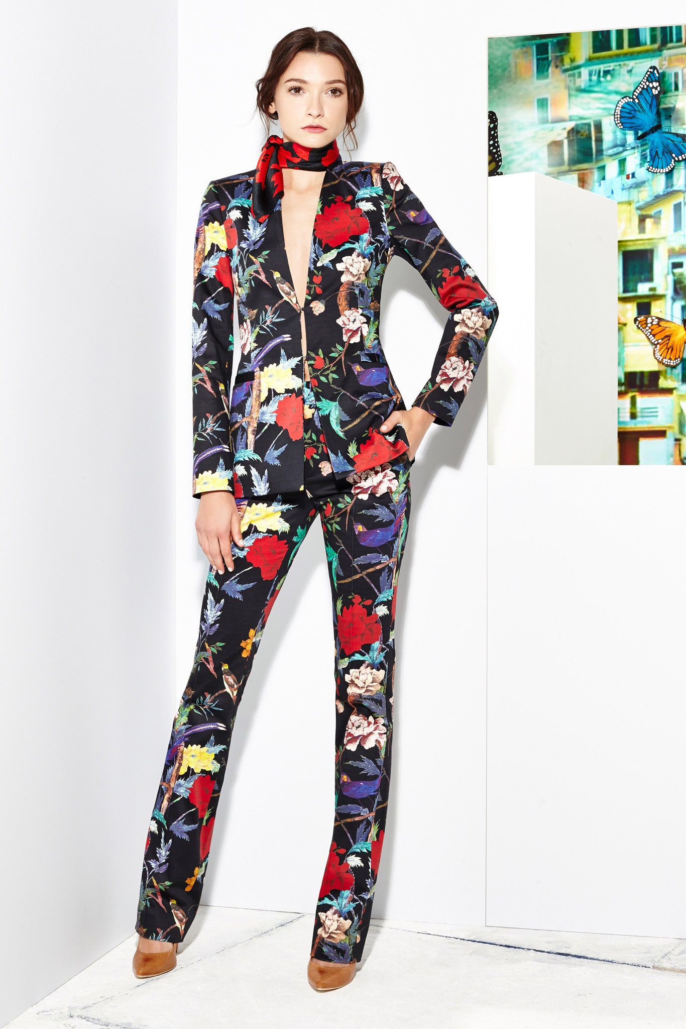 floral fitted suit with scarf