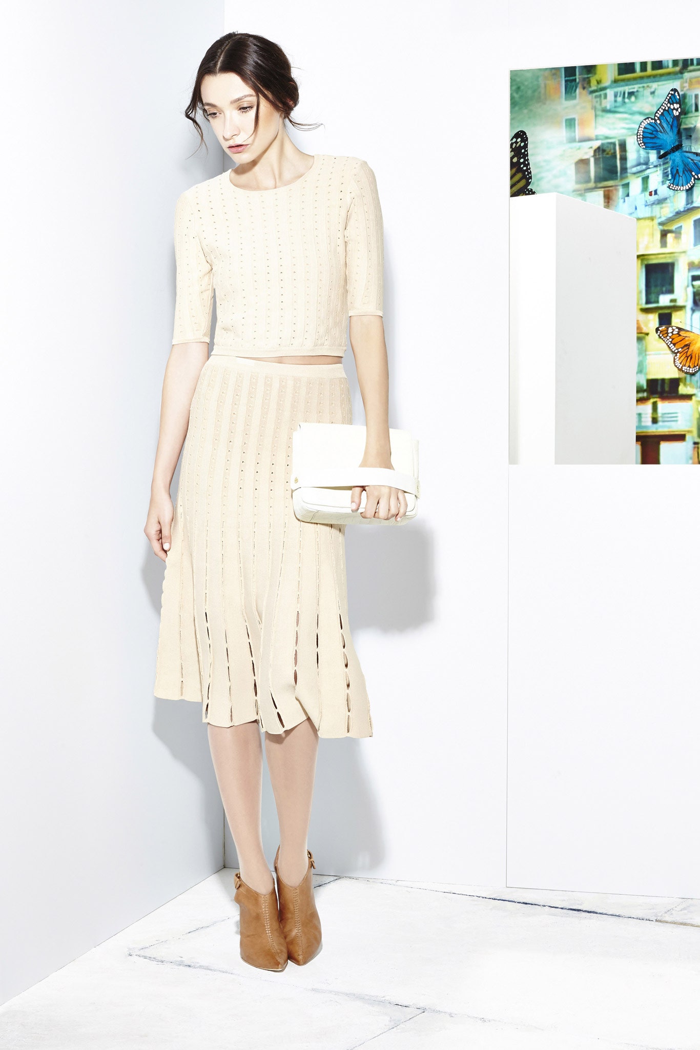 beige fitted midi dress