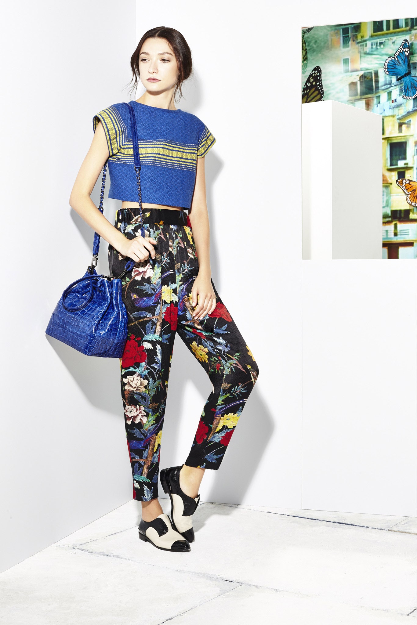 blue striped top with floral pants