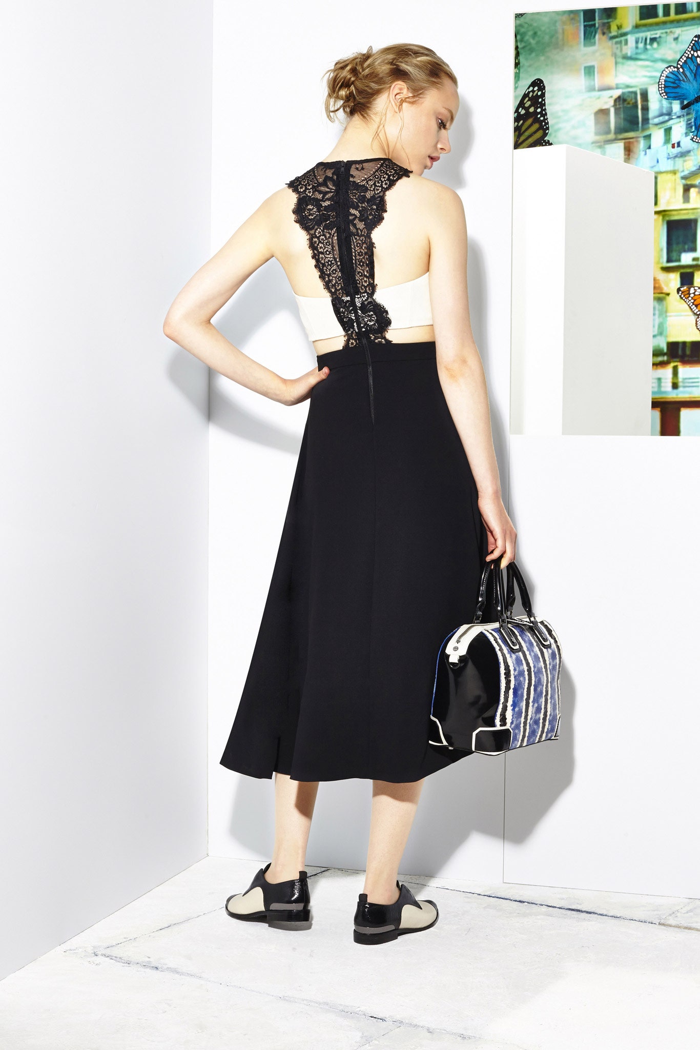 black and white embroidered midi dress