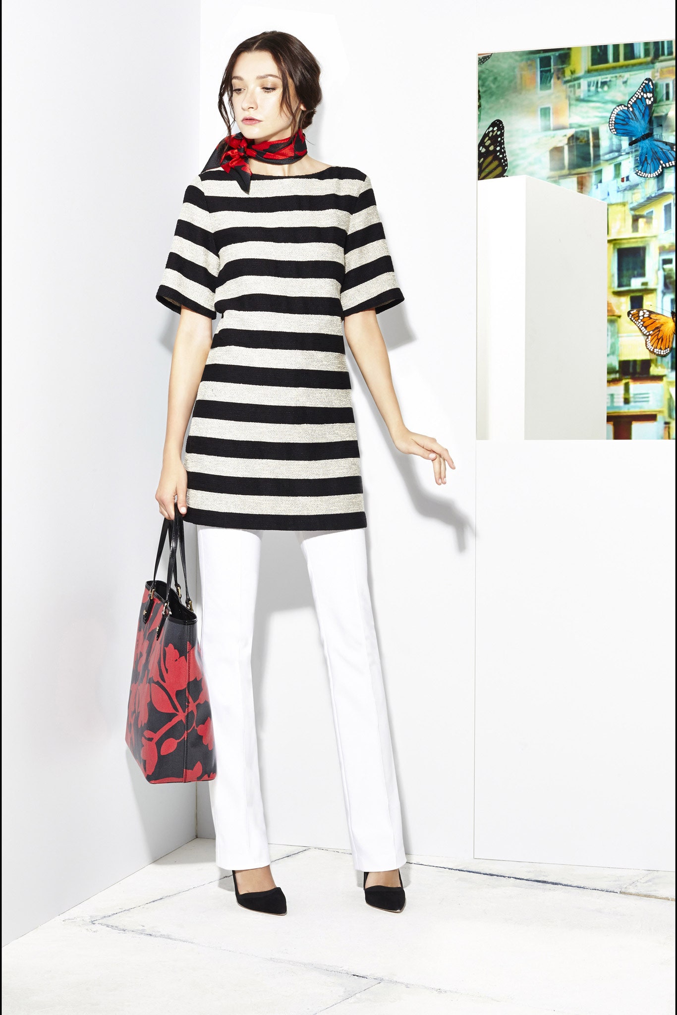 striped top with white pants