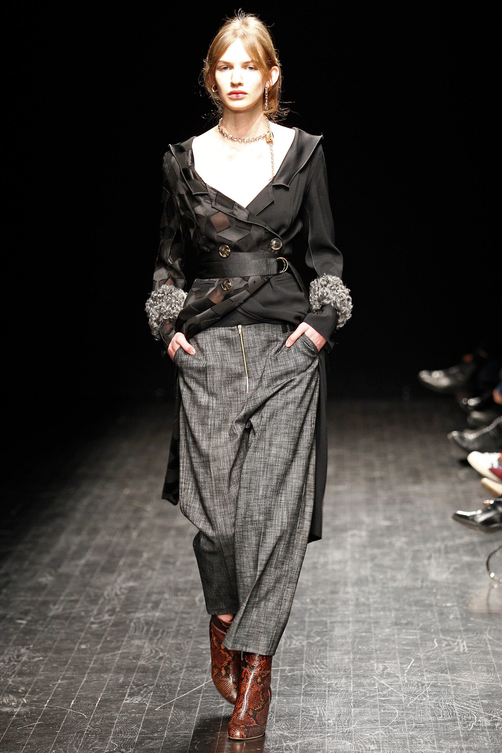 black silk long-sleeve v-neck fitted buttoned layered blouse