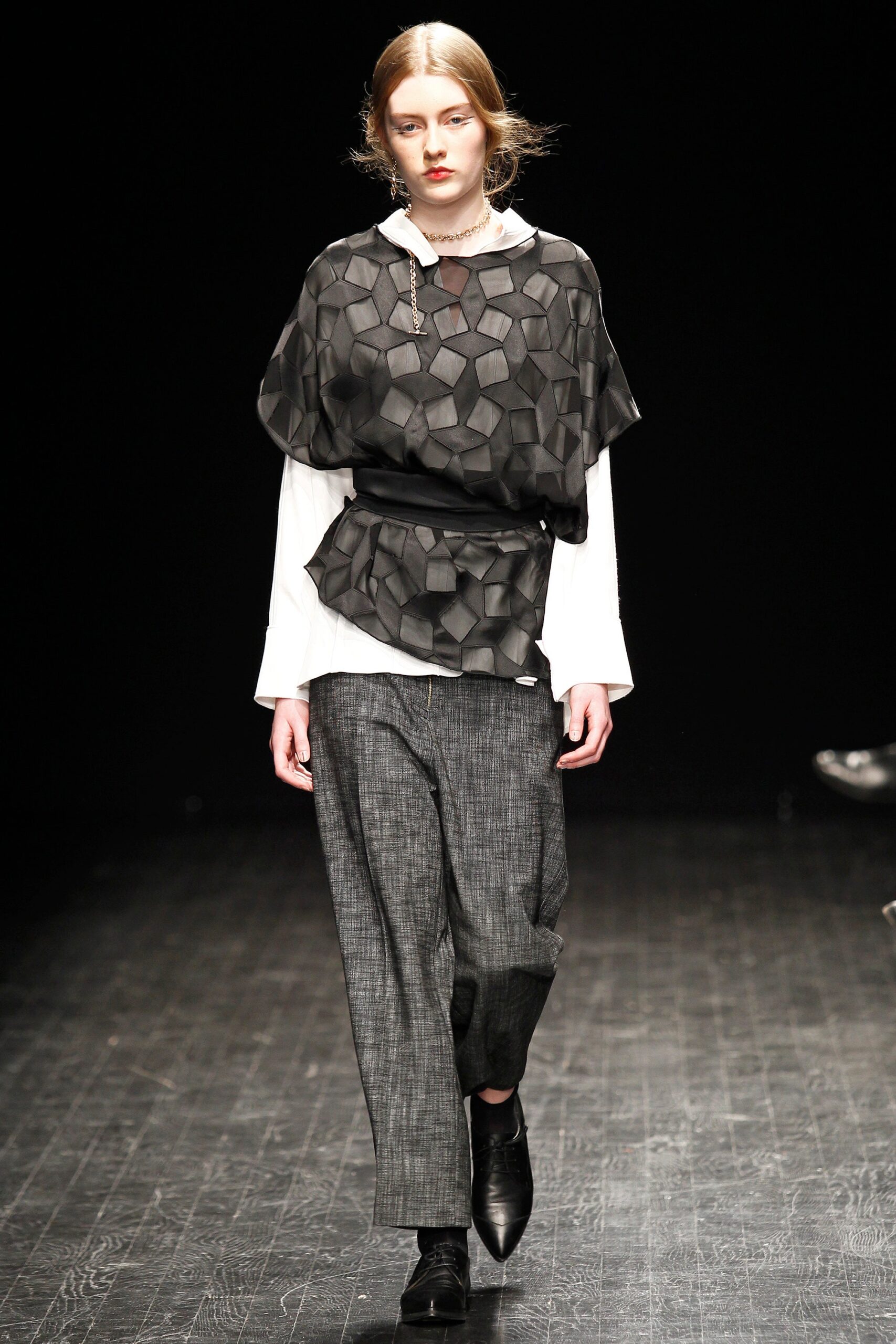 black relaxed top gray wide-leg pants