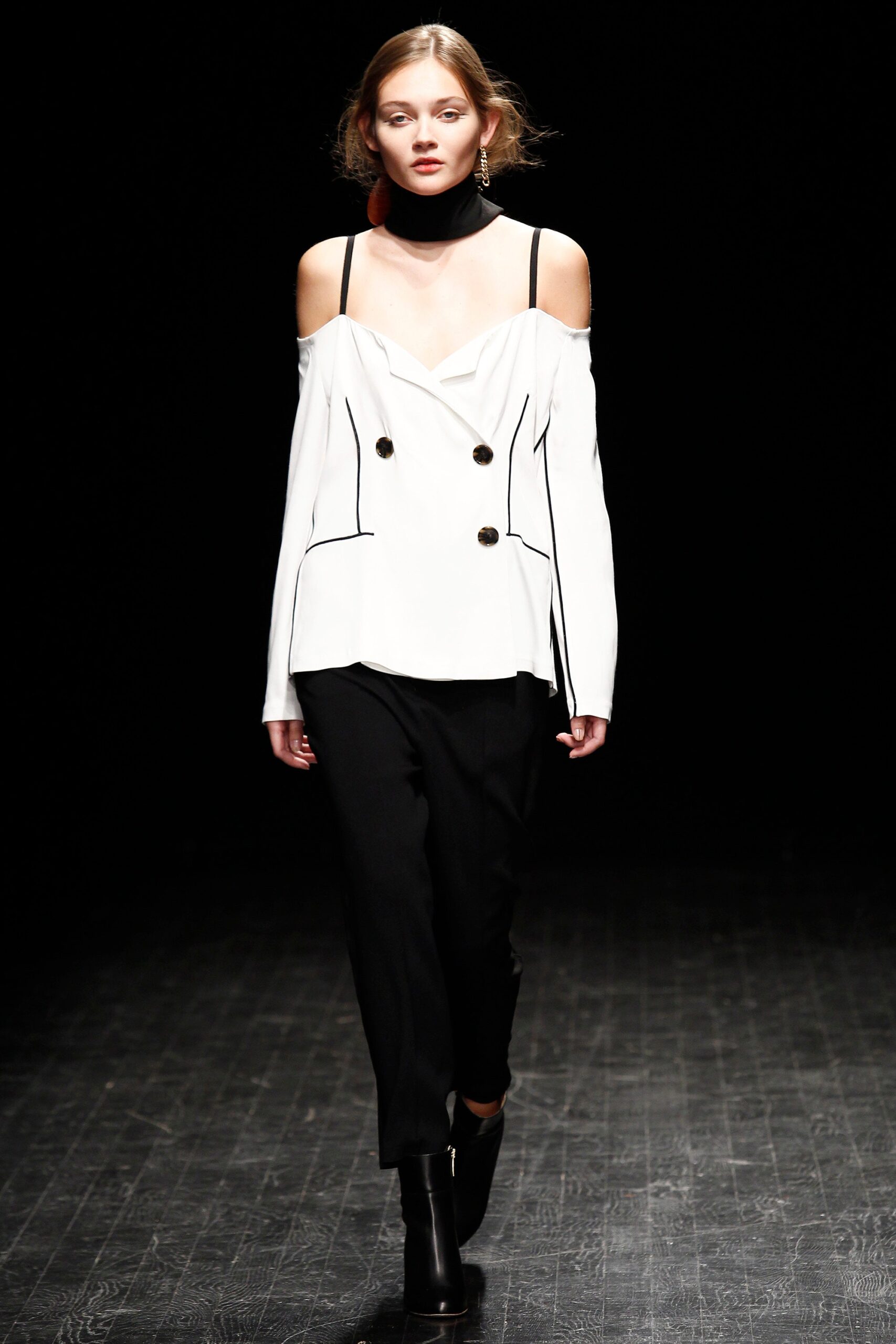 white silk long-sleeve off-shoulder fitted buttoned blouse