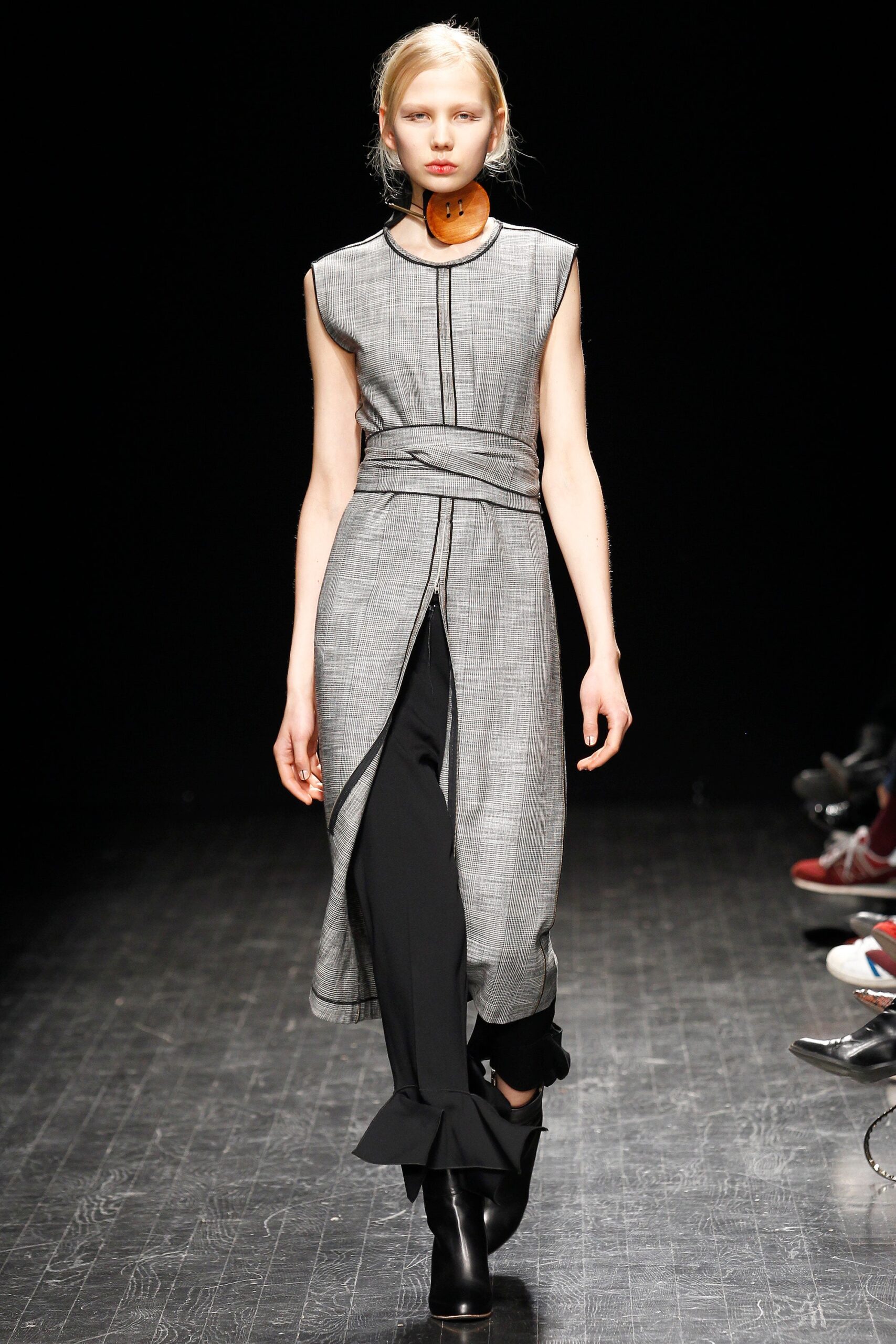 gray cotton sleeveless v-neck fitted layered belted dress