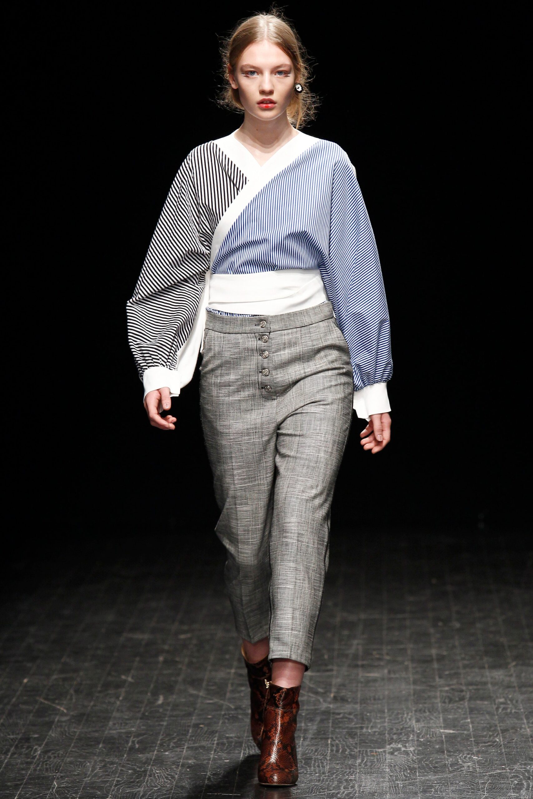 striped top gray tailored pants