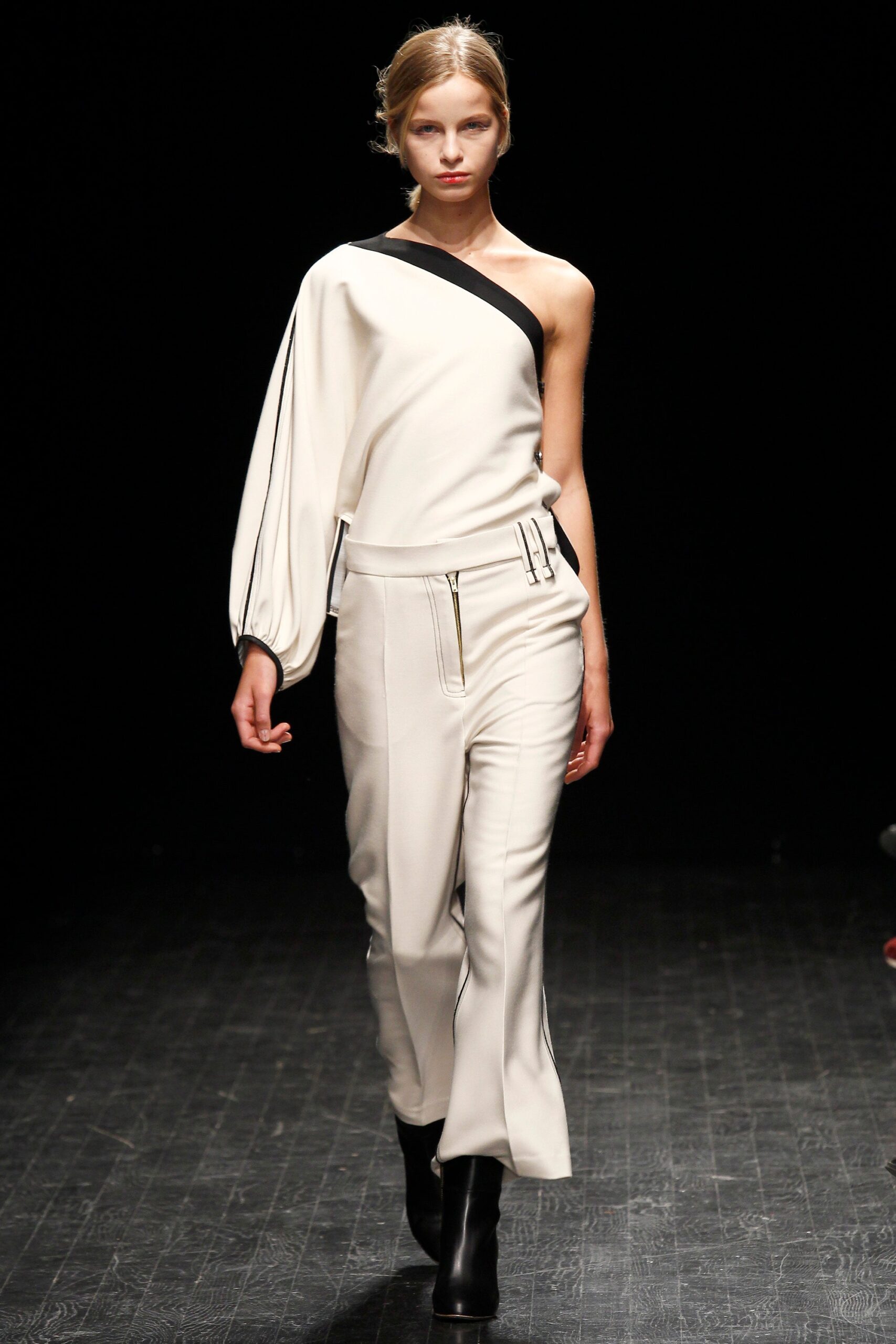 white cotton long-sleeve off-shoulder fitted zippered jumpsuit