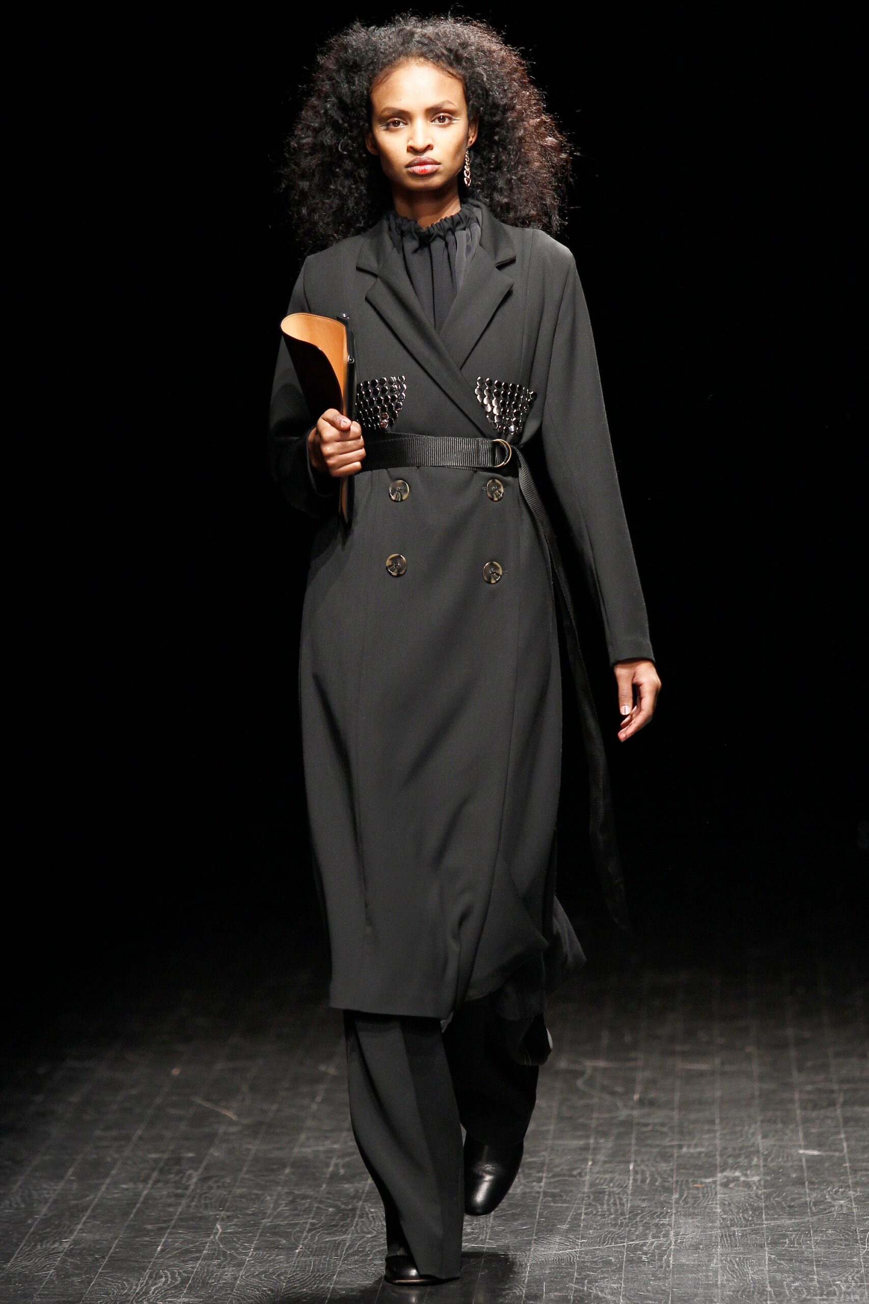 black wool long-sleeve collared fitted belted embellished coat