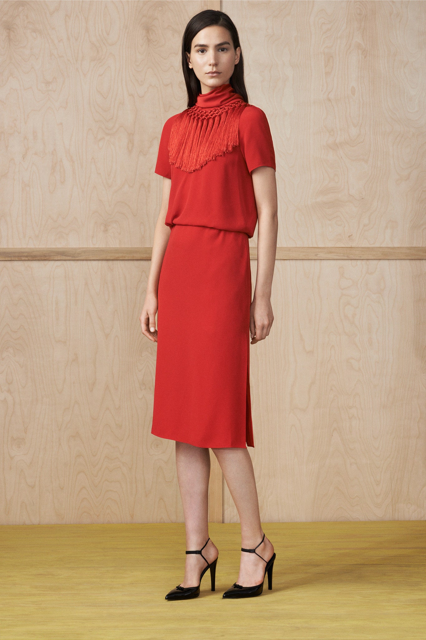 red silk midi dress with pleats