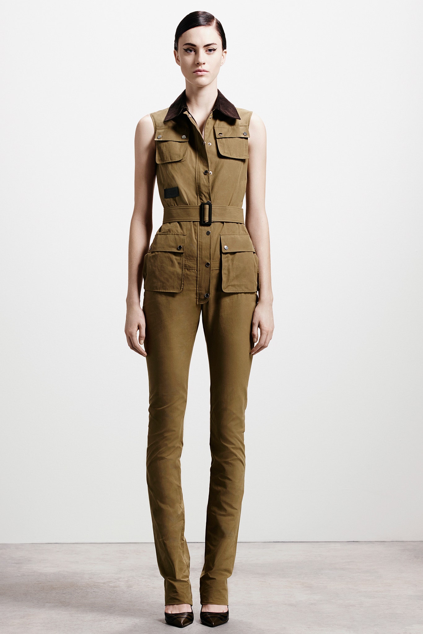 brown fitted sleeveless jumpsuit