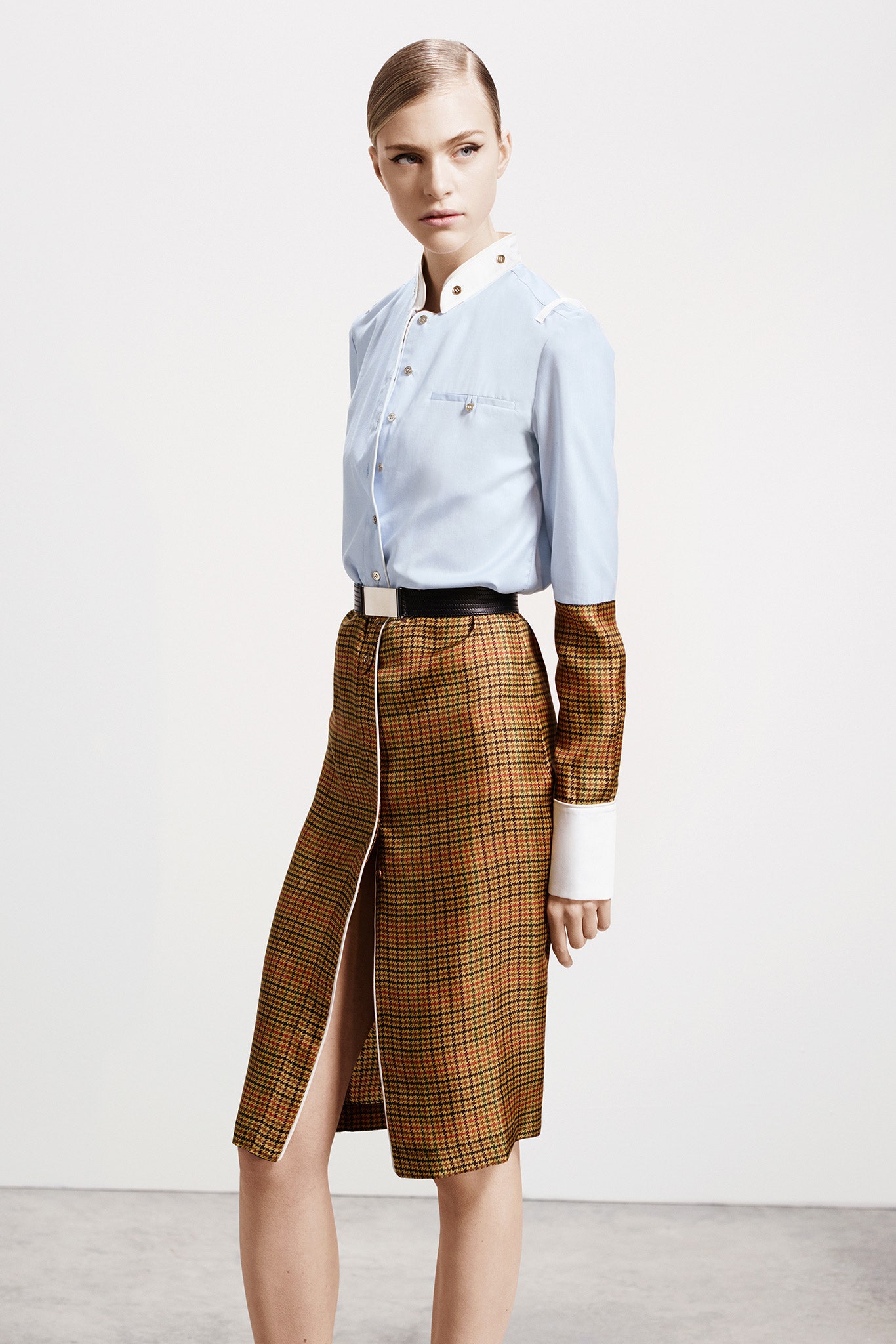 blue fitted shirt and brown midi skirt