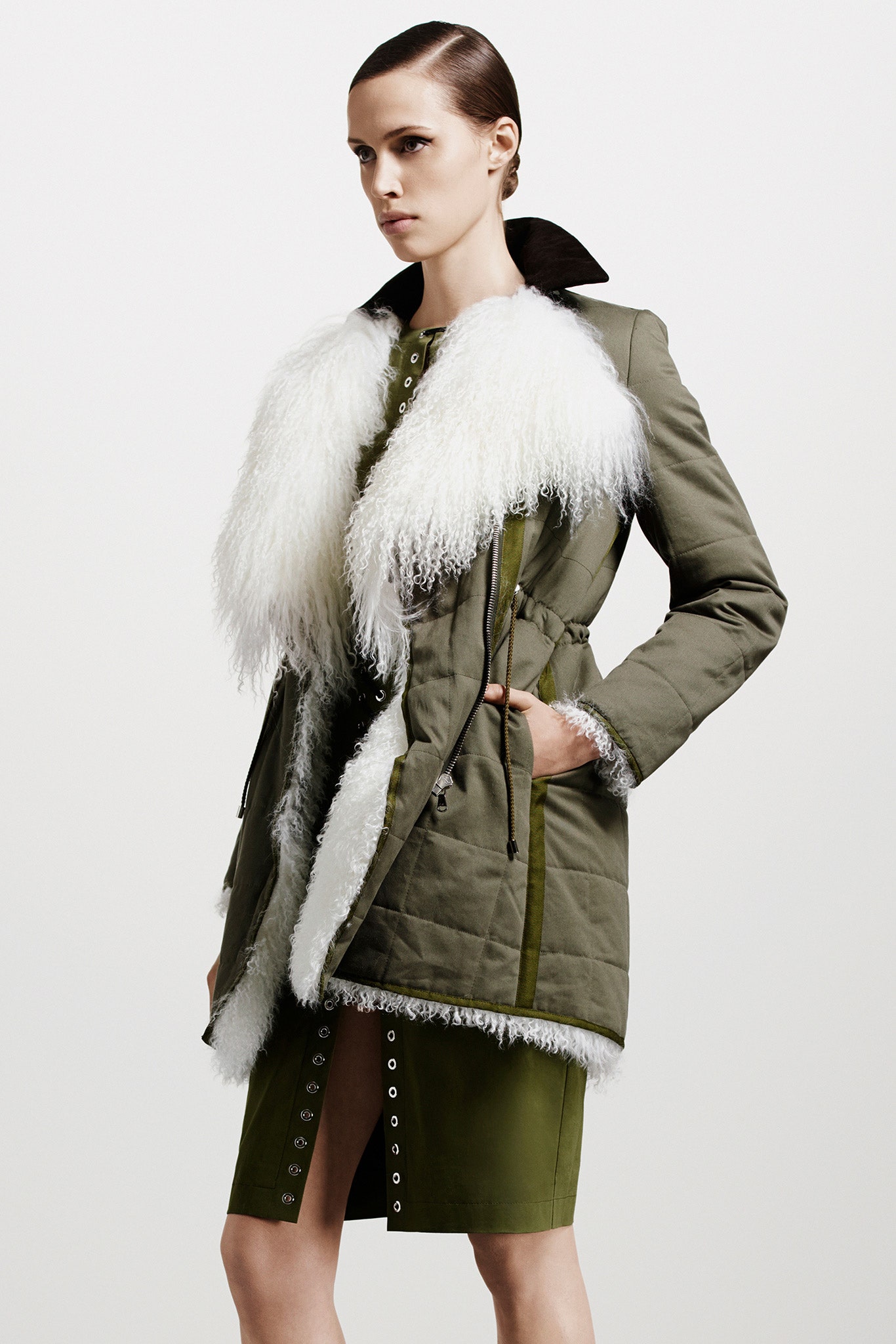 green cotton long-sleeve collared fitted zippered belted coat