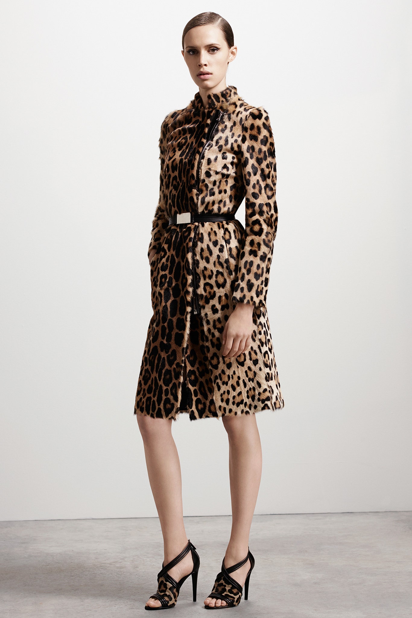 brown fur long-sleeve collared fitted animal-print belted coat