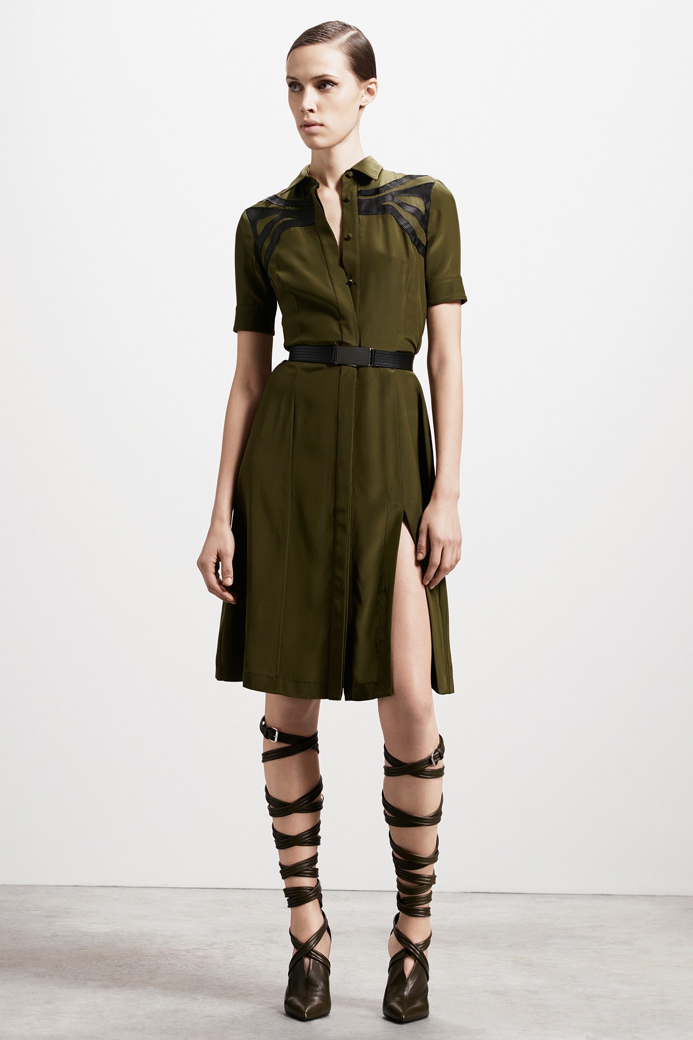 green silk short-sleeve collared fitted belted layered dress