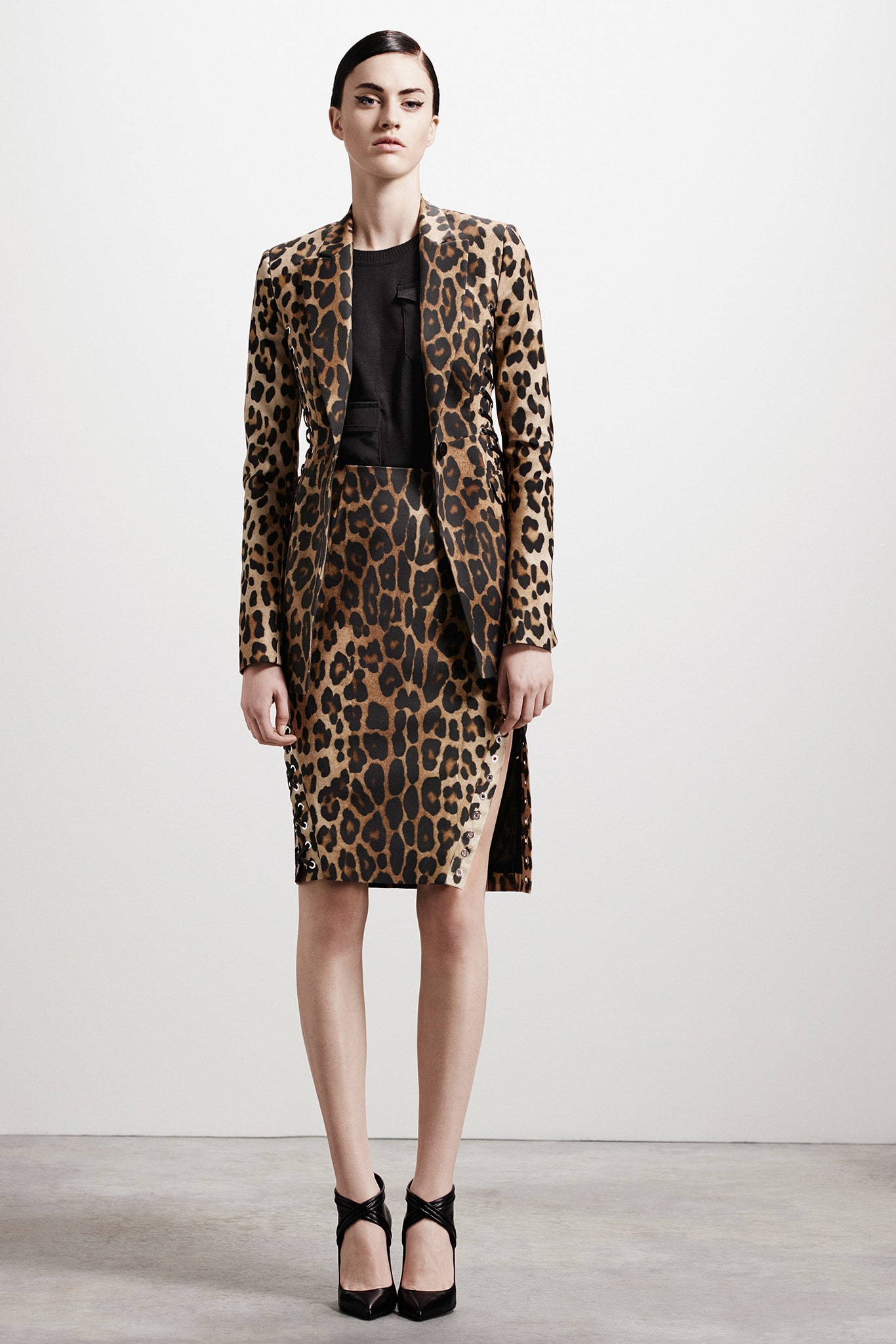 brown and black printed blazer and skirt