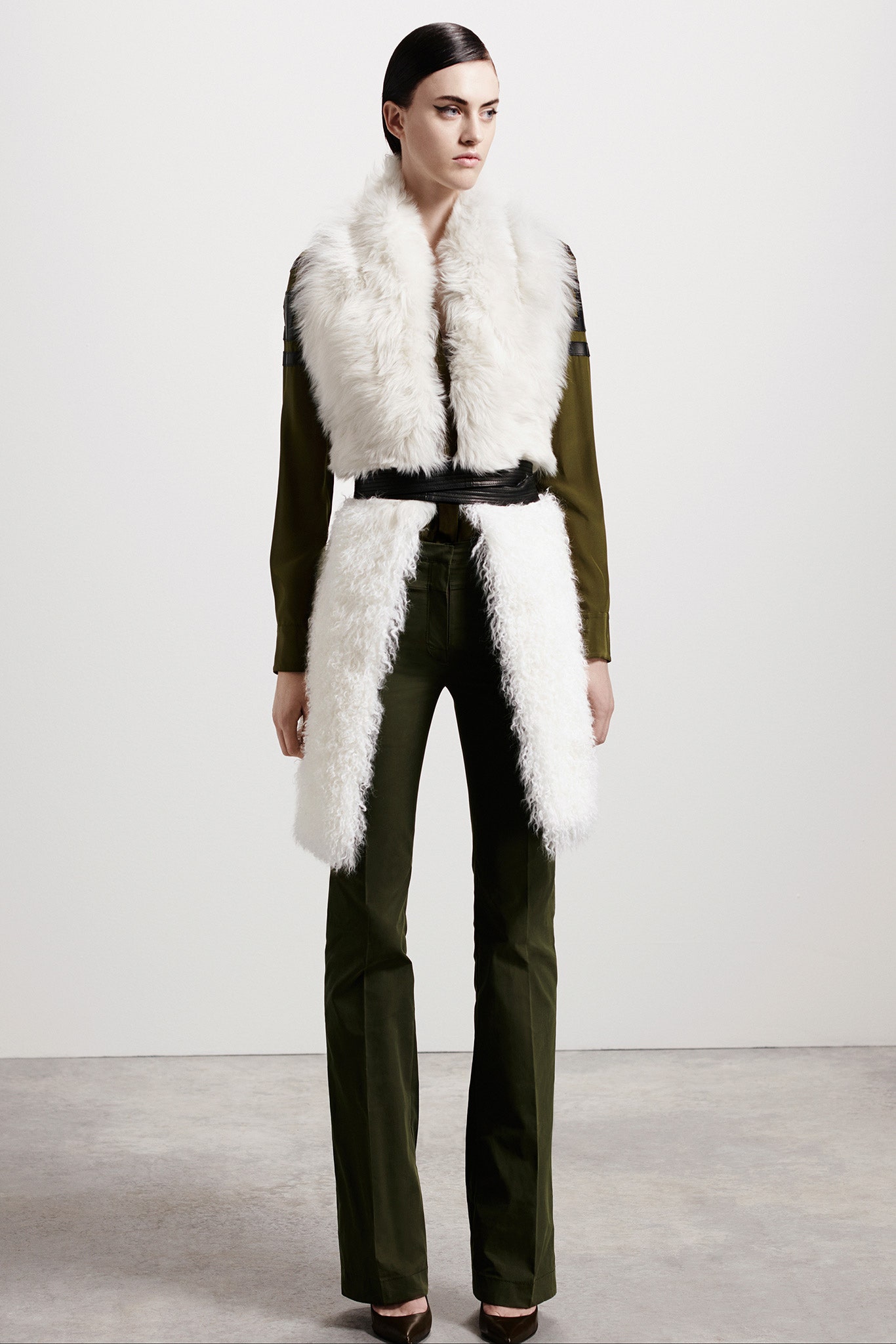 green silk top with faux-fur vest