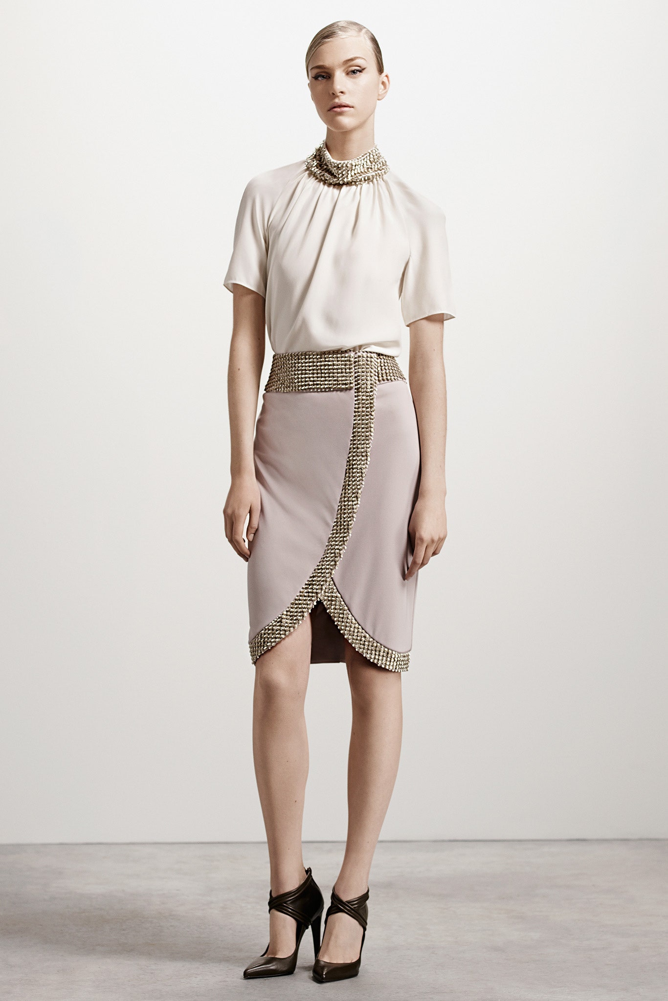 beige silk asymmetric fitted zippered skirt
