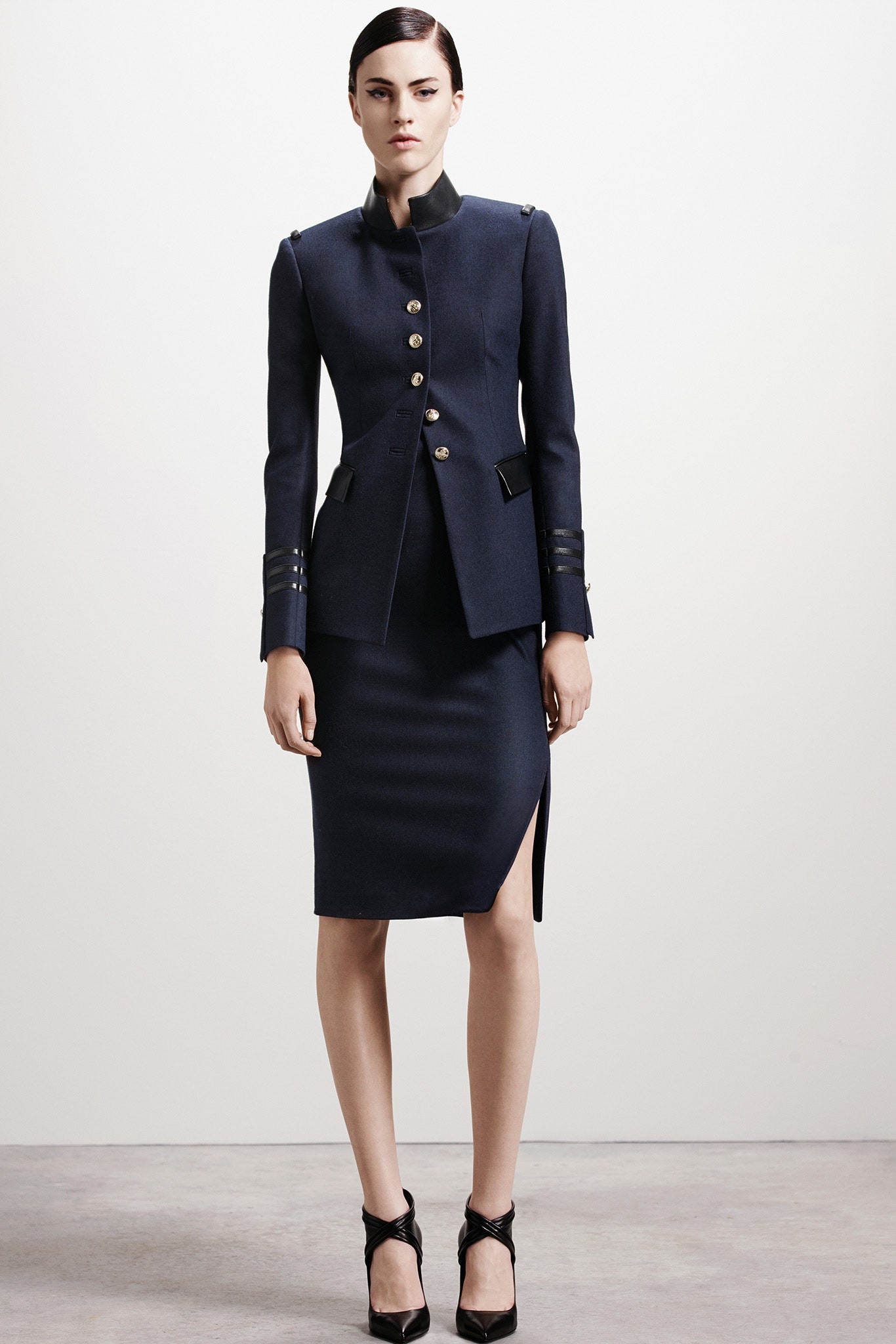 blue wool long-sleeve collared tailored structured buttoned blazer