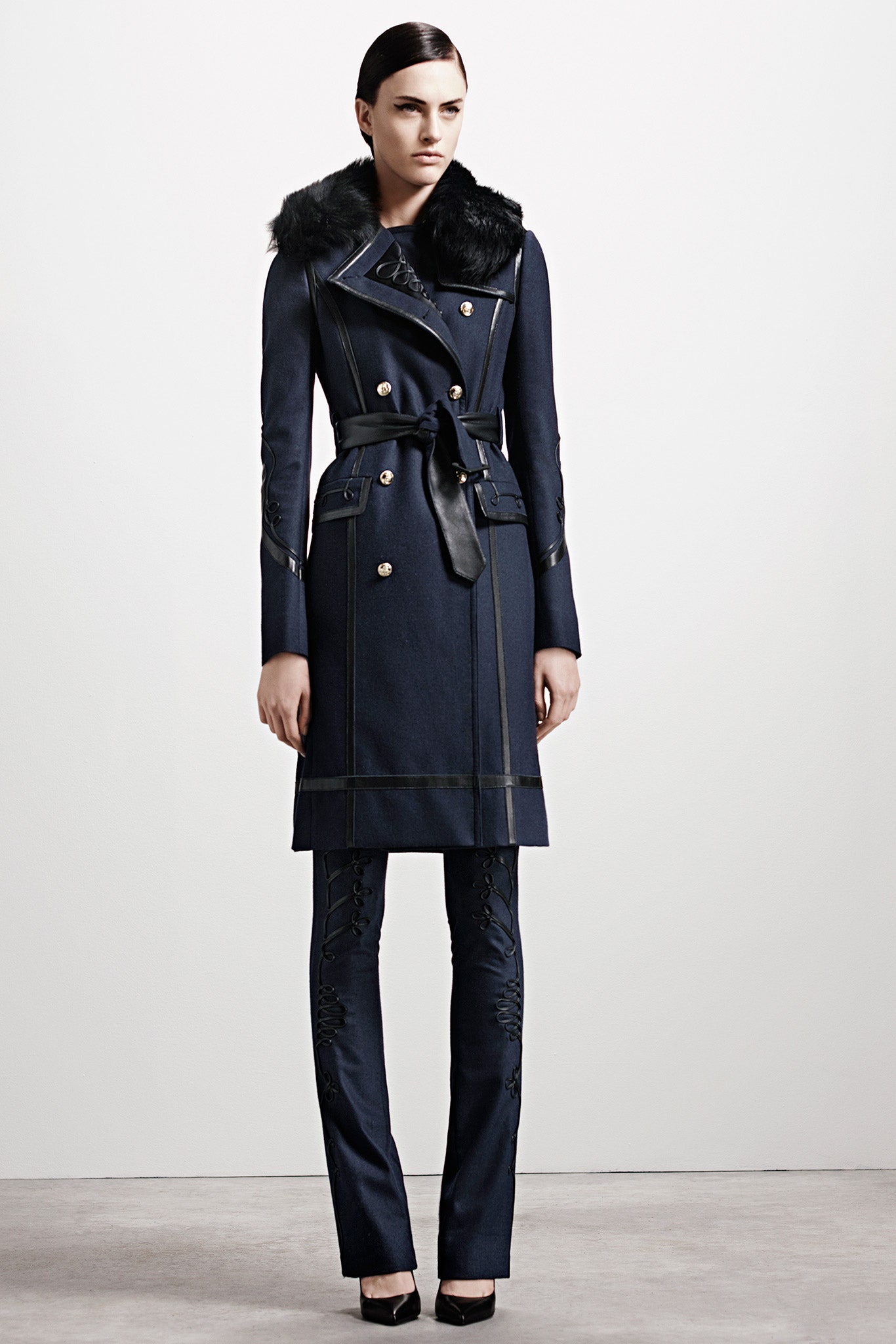 blue denim long-sleeve collared fitted belted coat