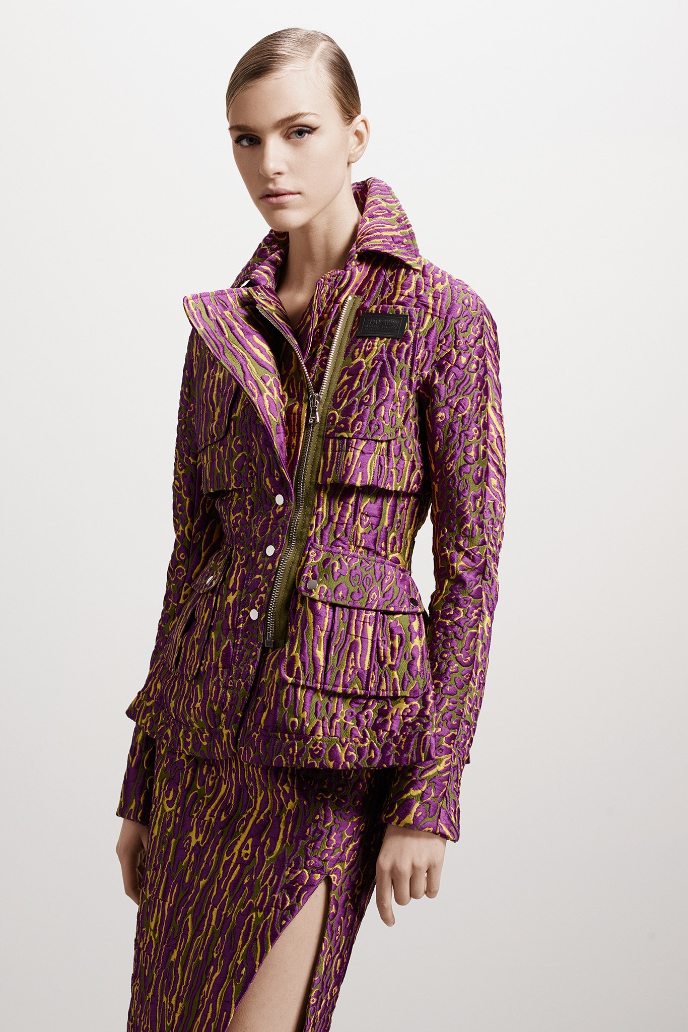 fitted purple jacket and dress