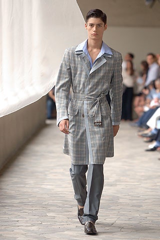 blue cotton long-sleeve collared tailored buttoned belted coat