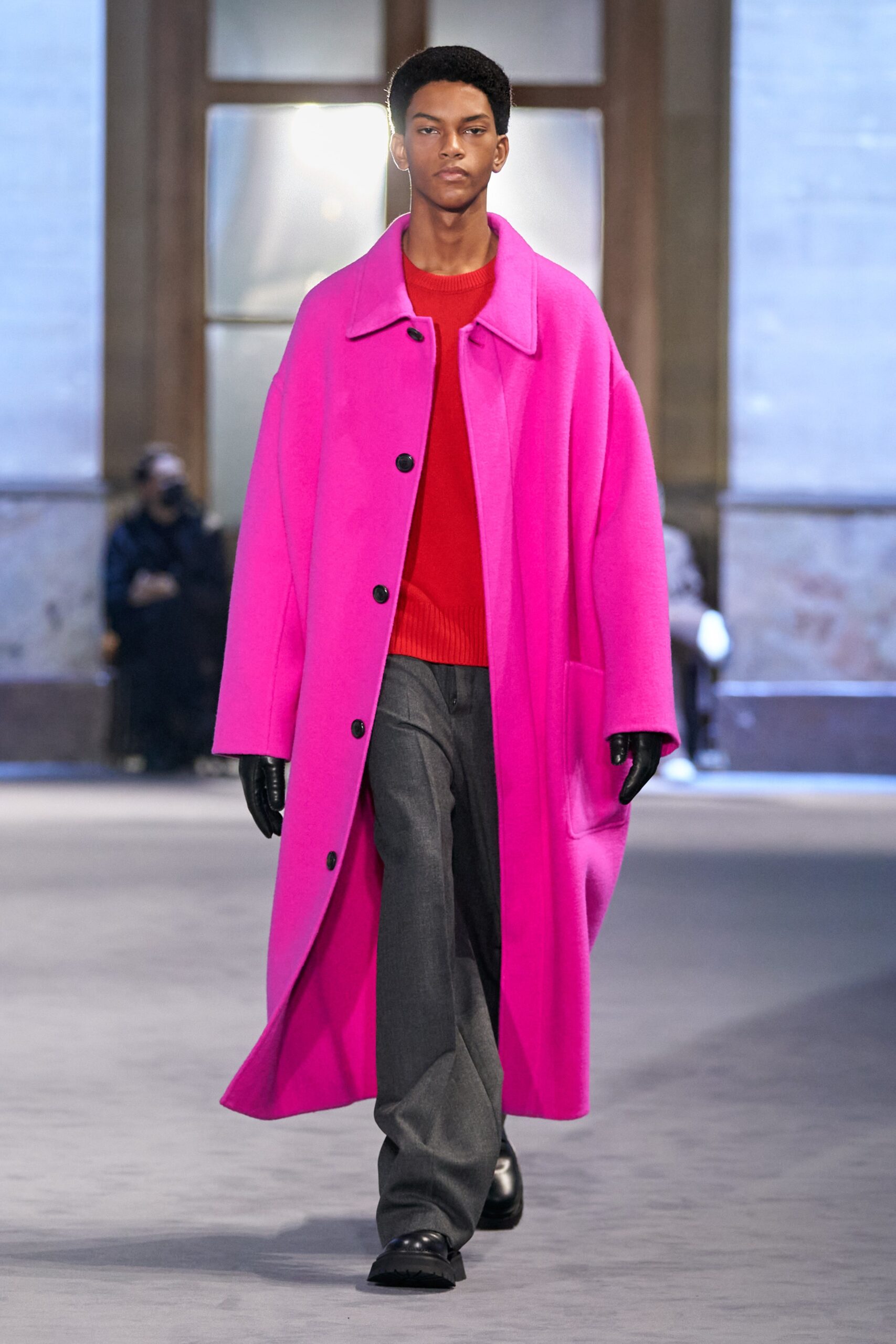 oversized pink coat with red sweater