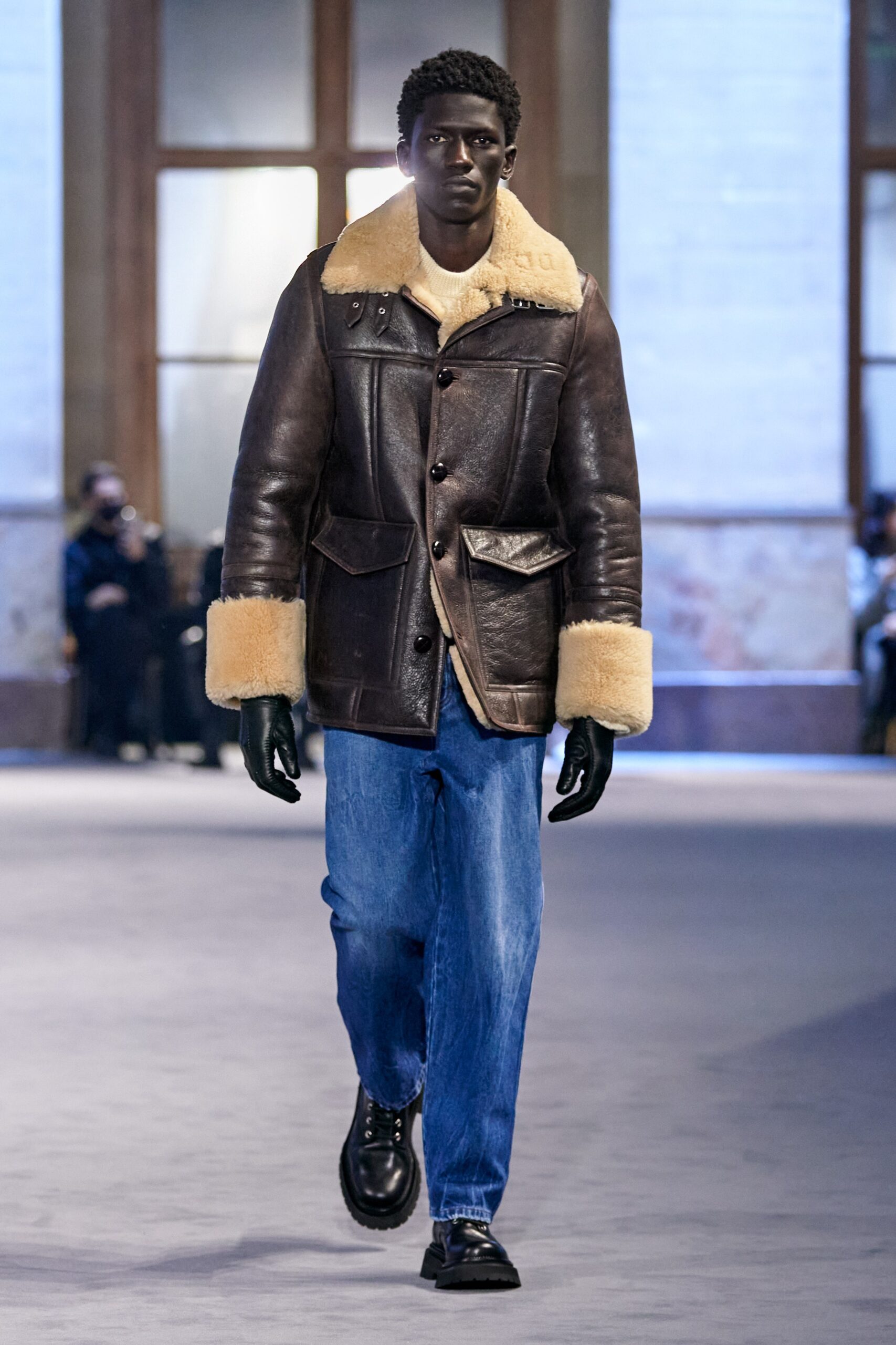 brown leather jacket with denim pants