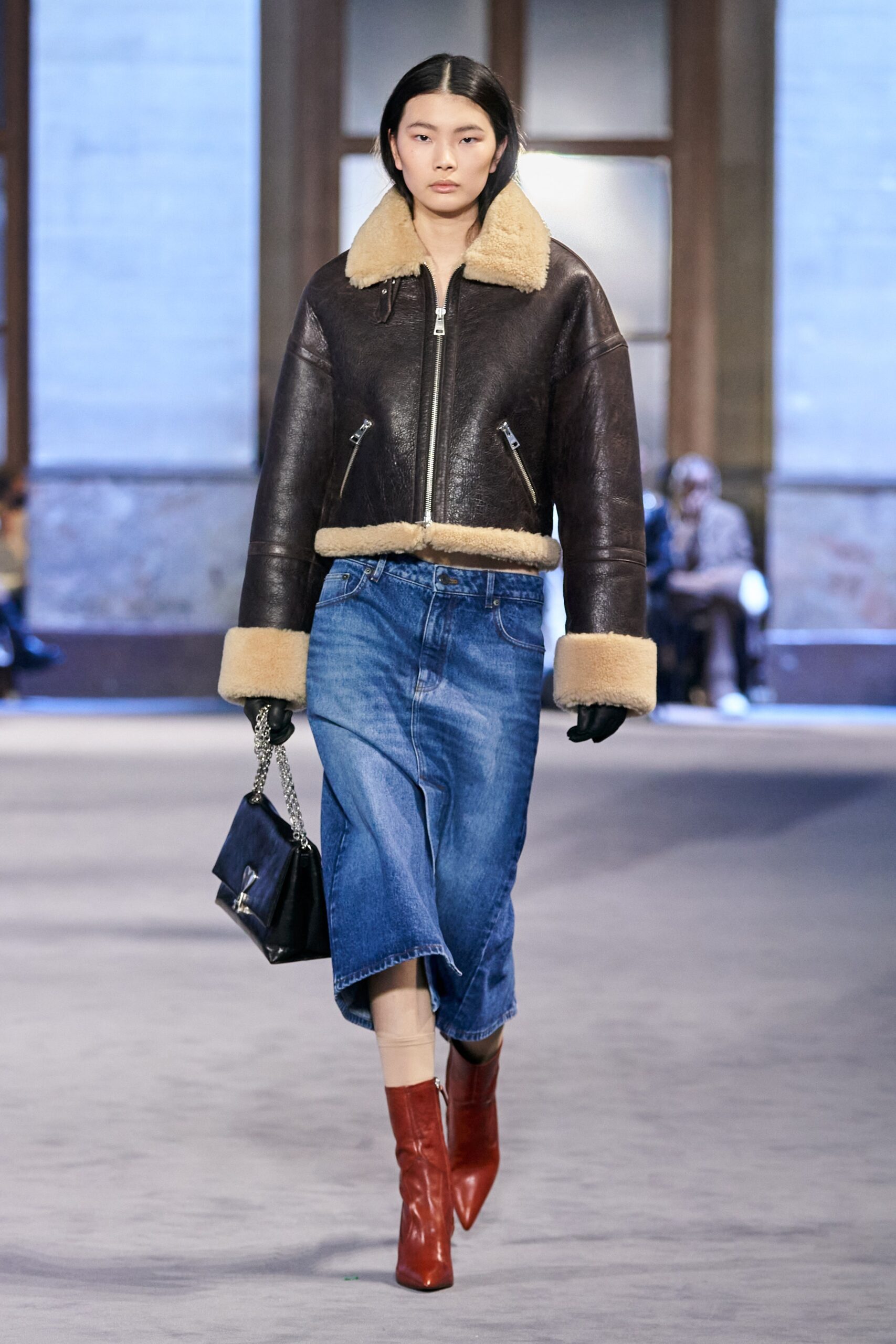brown leather jacket with denim skirt