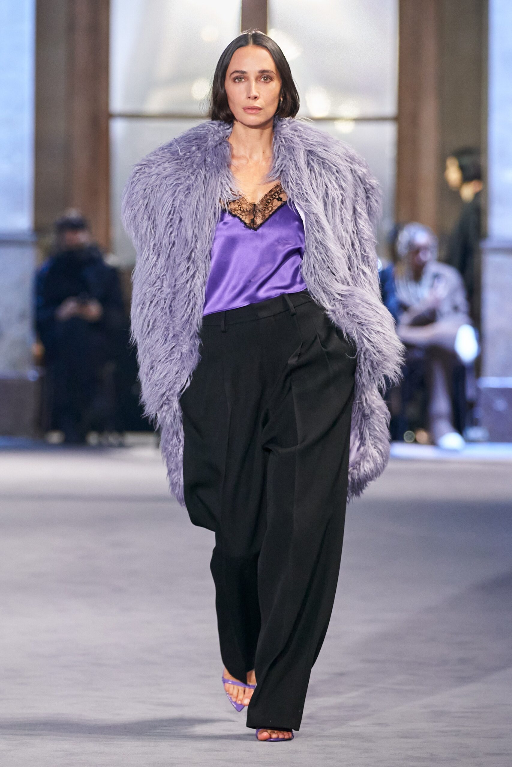 purple silk top with lavender coat