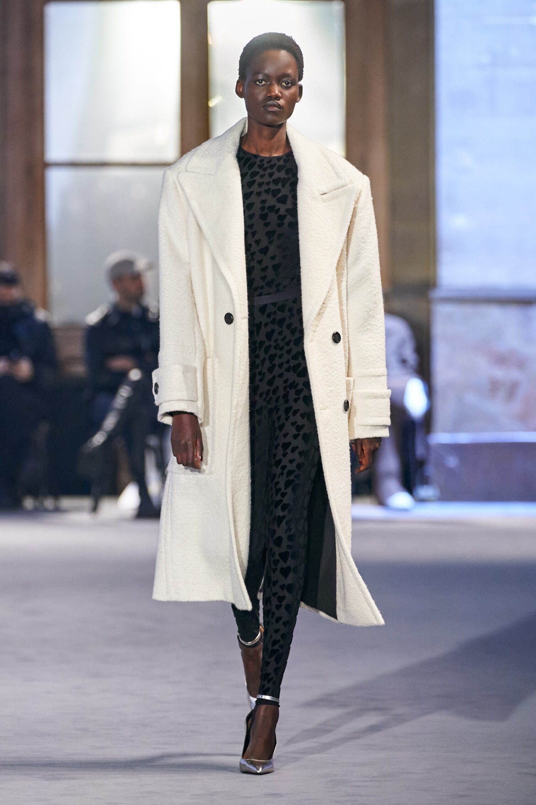 white oversized coat with black velvet outfit